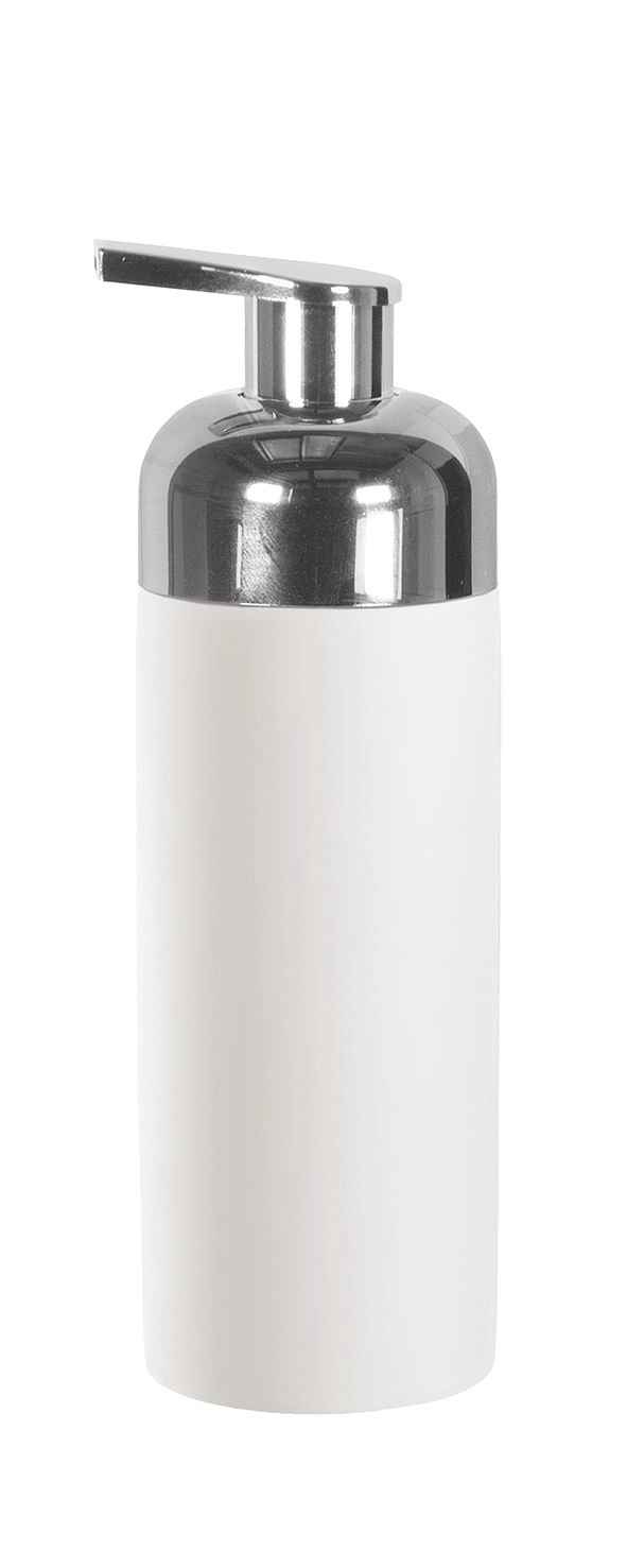 4004478236011 Moderner Seifenspender in Weiß mit glänzendem Chrom-Pumpkopf. Elegantes Design, ideal für Badezimmer und Küchen.