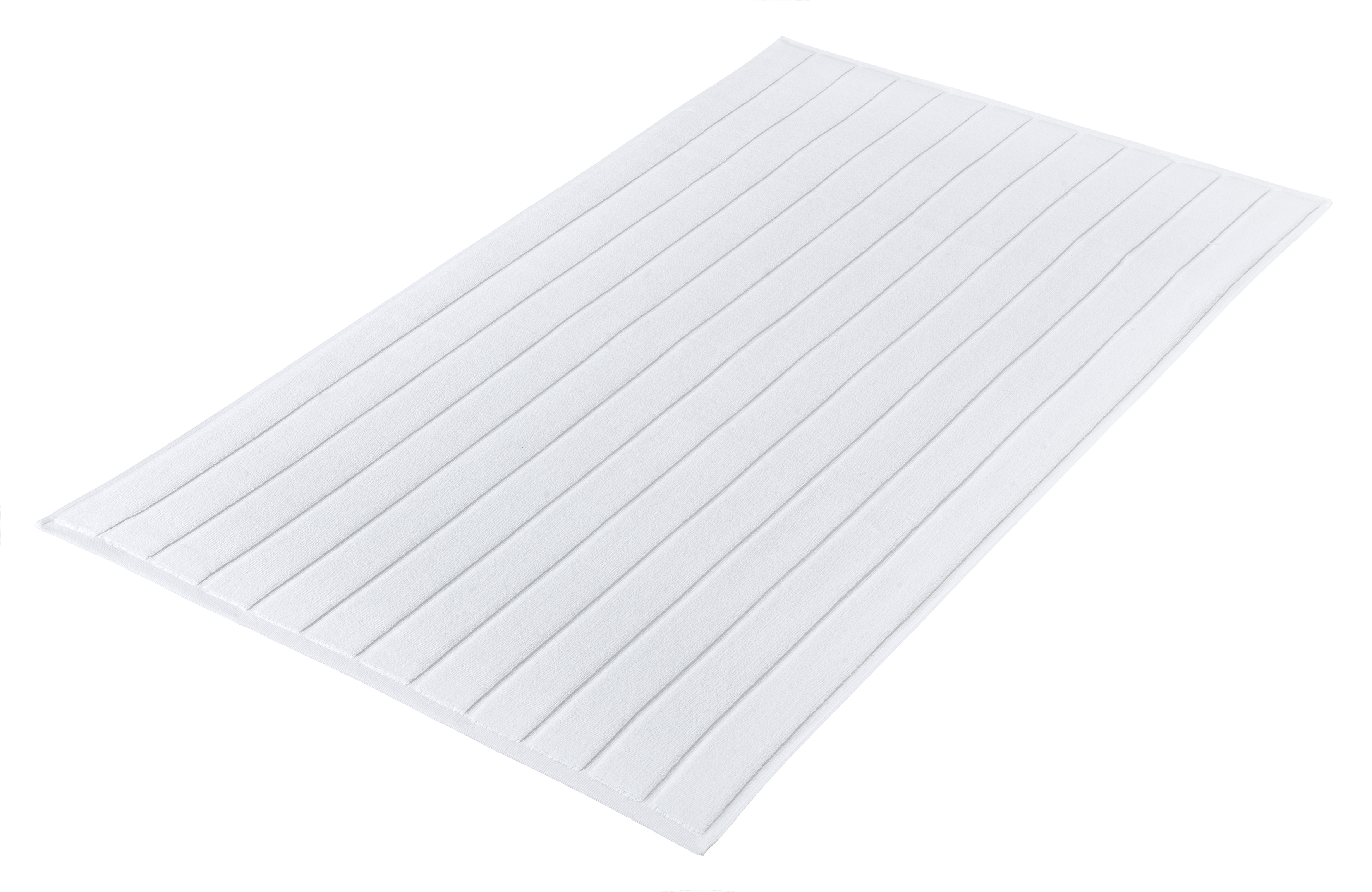 Weißer Badteppich mit dezentem Streifenmuster, weiche Textur, ideal für Badezimmer.