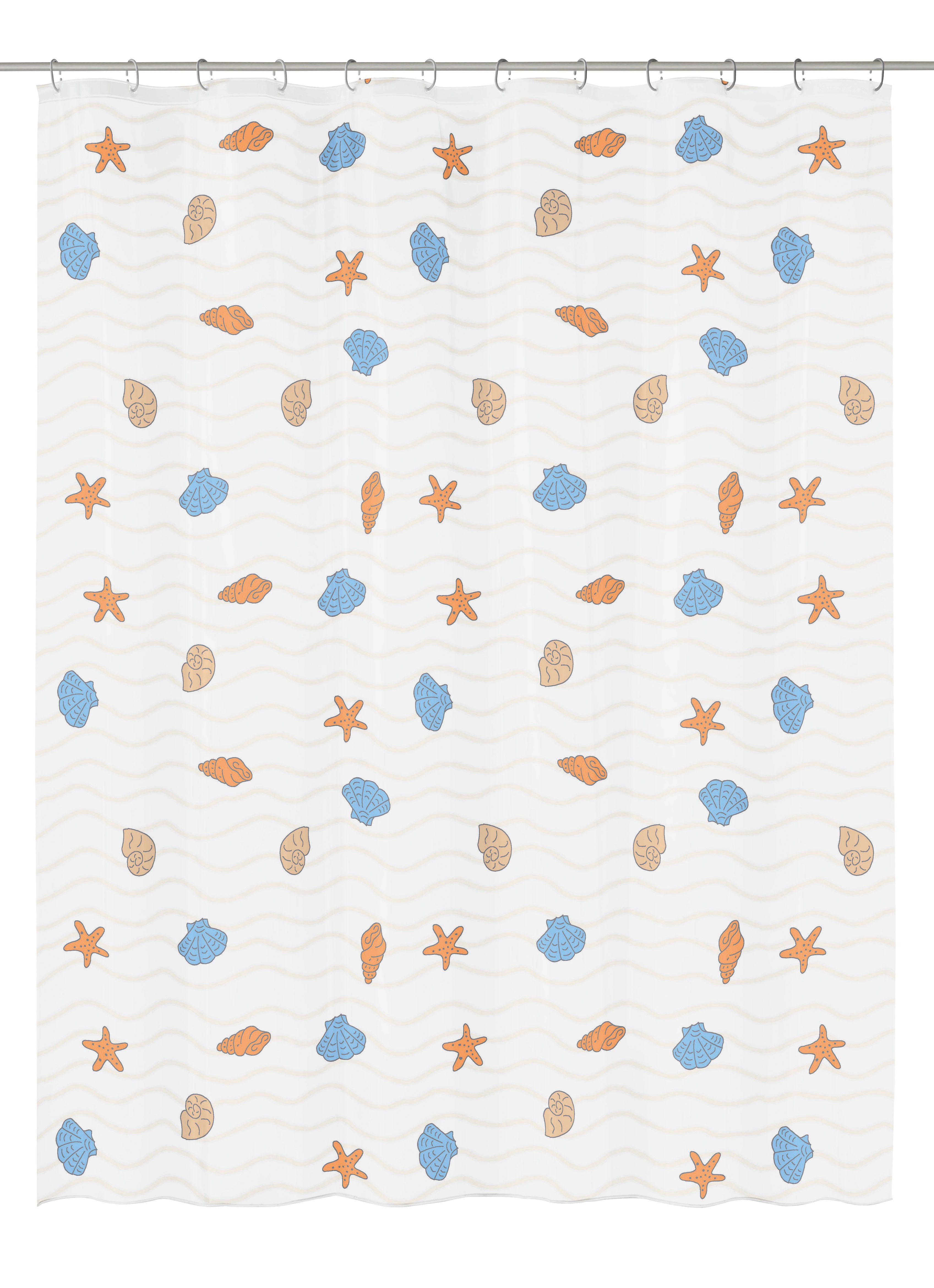 Duschvorhang PEVA NEW BEACH Multicolor 180 x 200 cm Duschvorhang mit maritimem Design, Muscheln und Seesterne in Blau und Orange auf weißem Hintergrund.