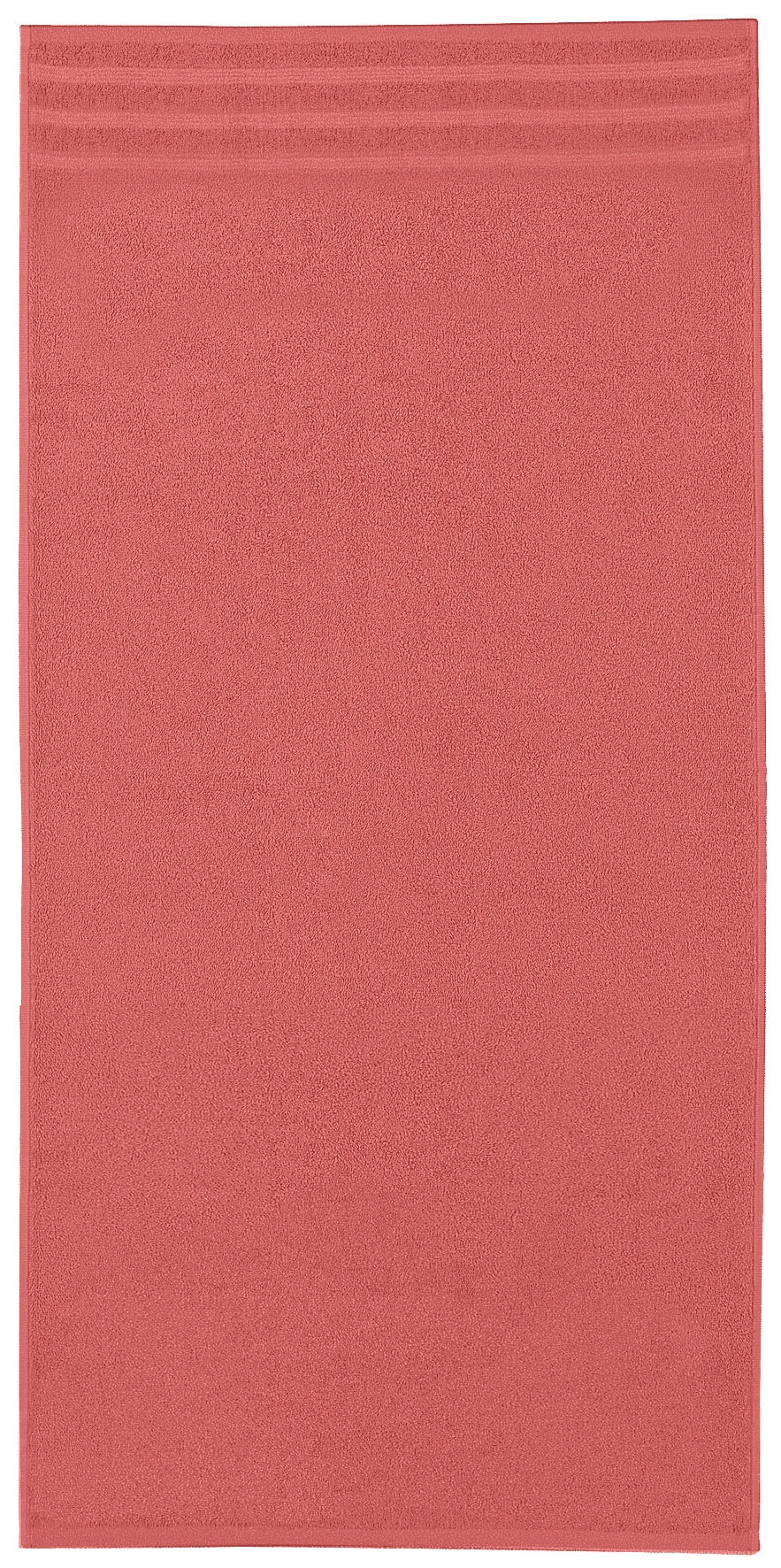 Rotes Handtuch aus weichem Material mit dezentem Streifenmuster an einem Ende. Ideal für Badezimmer und Wellness.