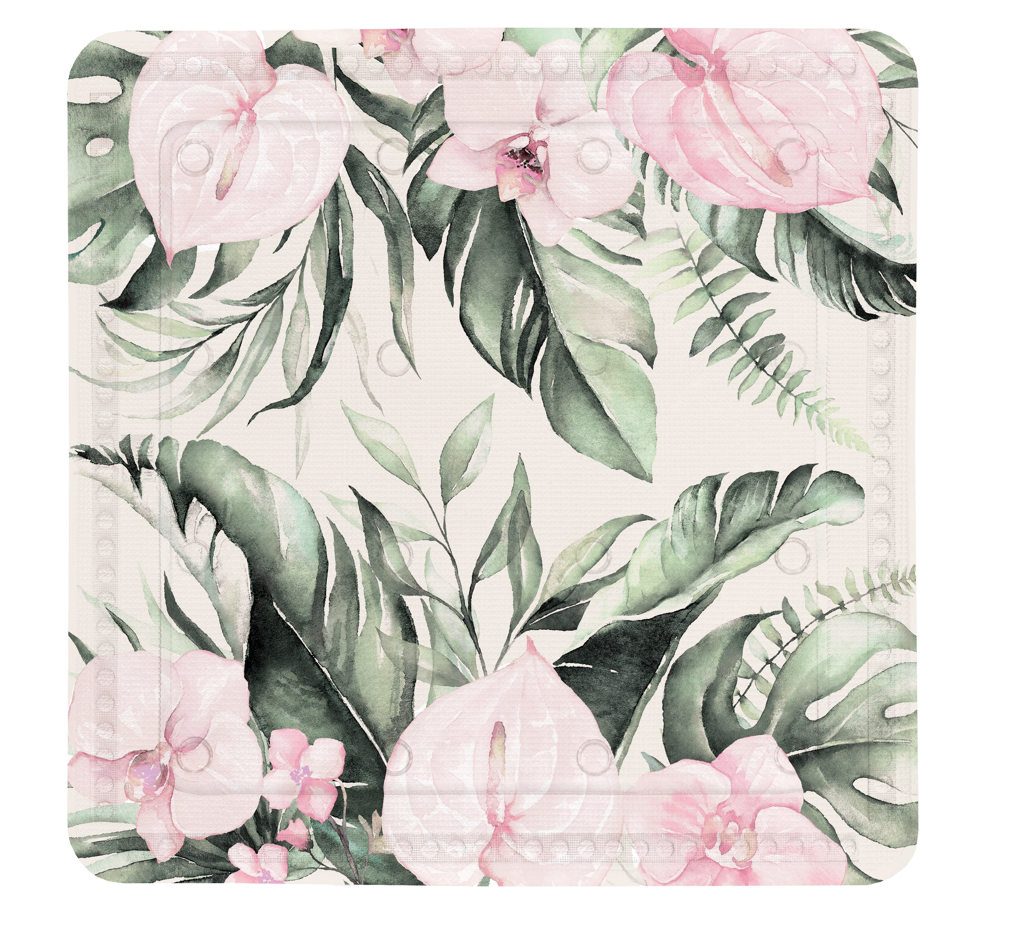 Badezimmermatte mit tropischem Blumenmuster in zarten Rosa- und Grüntönen, ideal für eine stilvolle Badezimmereinrichtung.