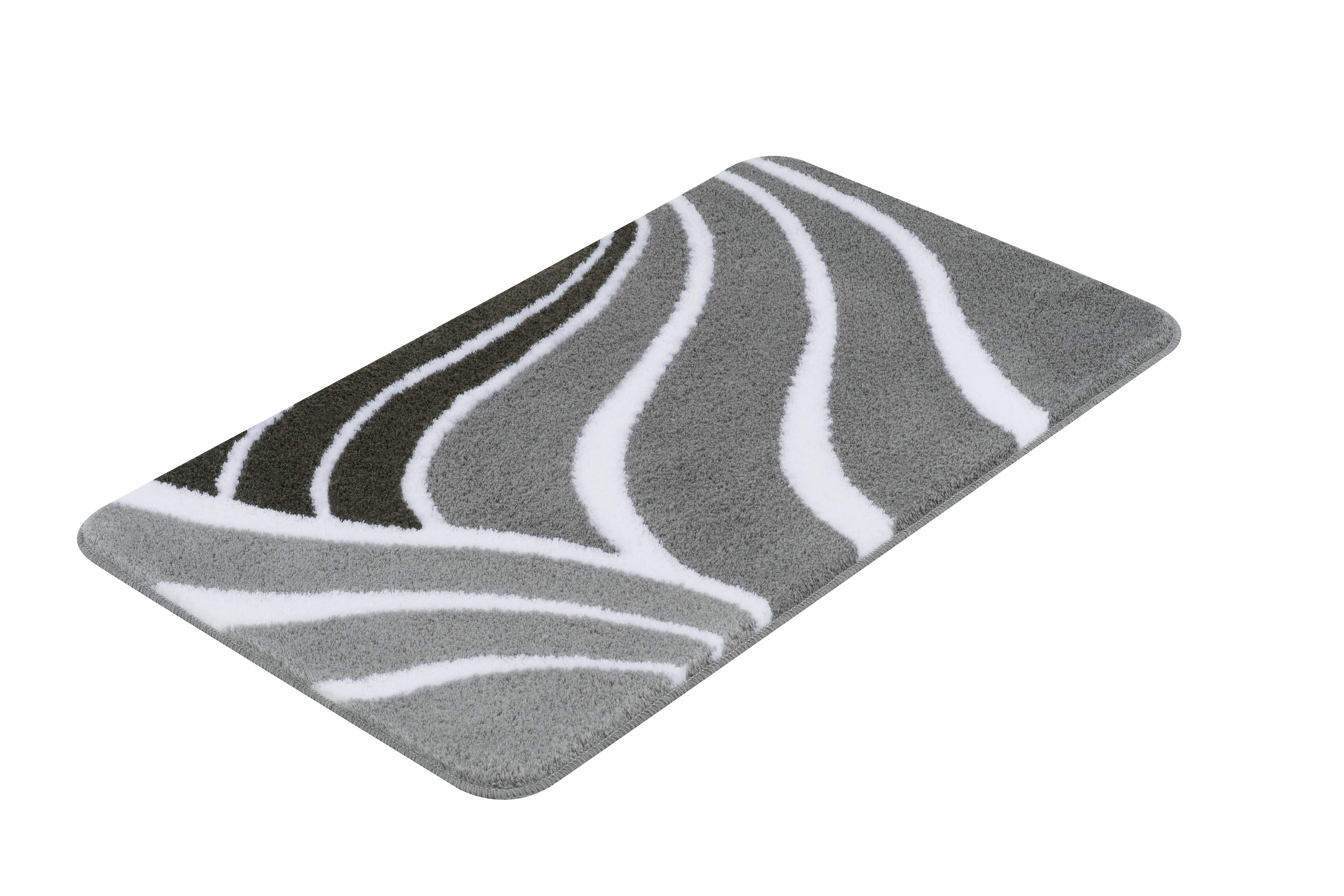Badteppich FLAME Anthrazit 80 x 140 cm Grauer Badteppich mit weißen und schwarzen geschwungenen Linien, rechteckig, weiche Oberfläche, modernes Design.