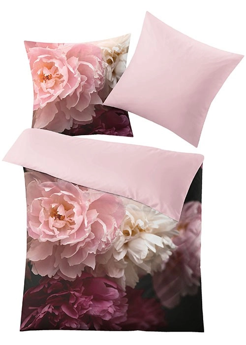 4004478319035 Rosa Bettwäsche-Set mit großem Blumenmuster, bestehend aus Decken- und Kissenbezug, elegant und stilvoll.