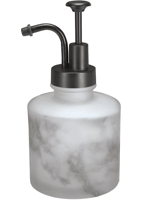 4004478319608 Seifenspender mit Marmor-Optik und schwarzem Pumpkopf, ideal für stilvolle Badezimmer.