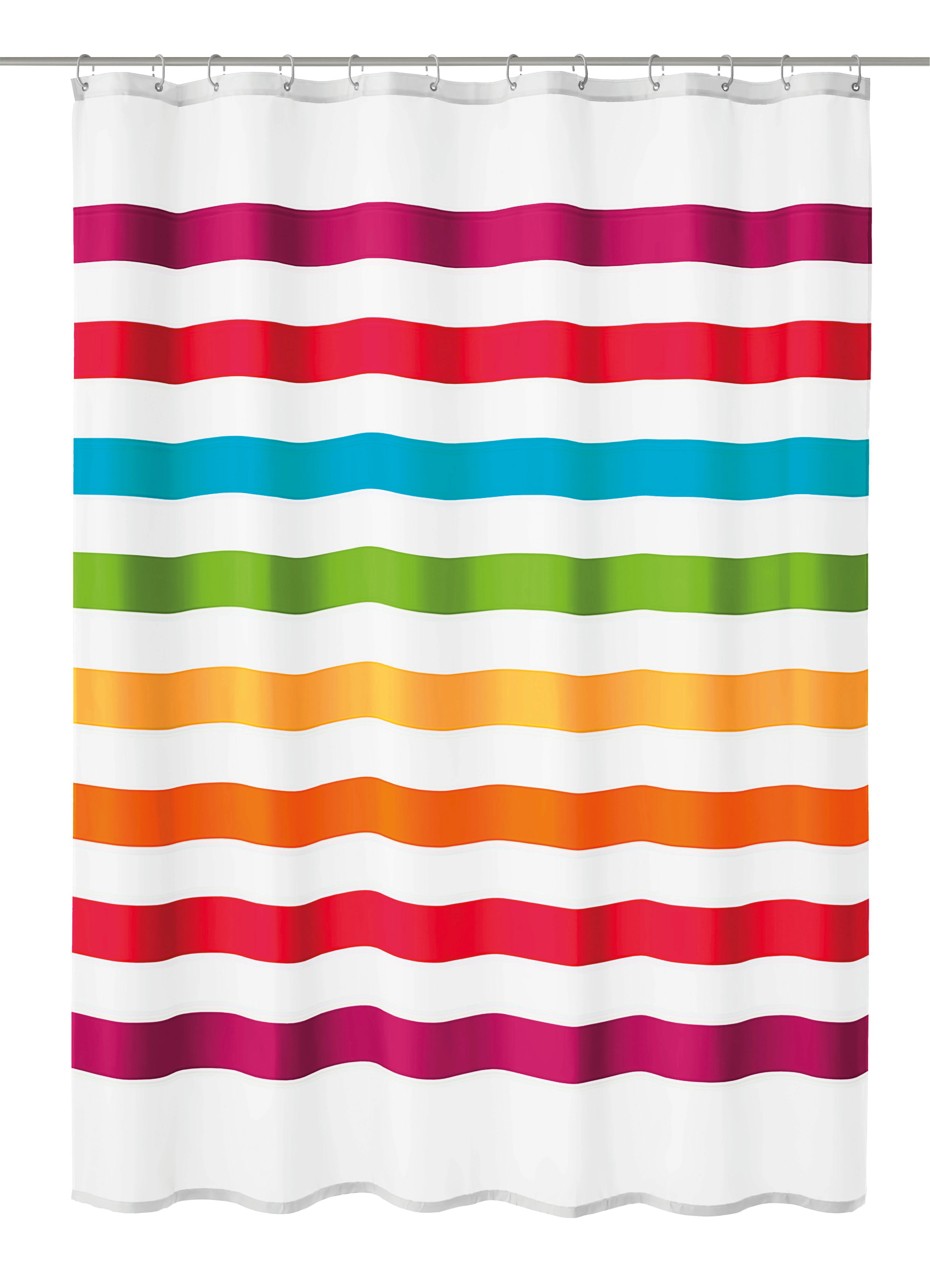 Duschvorhang Textil SELECT Multicolor 180 x 200 cm Duschvorhang mit bunten, horizontalen Streifen in Rot, Pink, Blau, Grün, Orange und Gelb auf weißem Hintergrund.