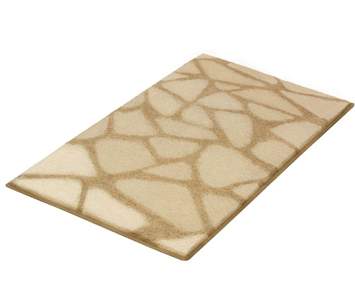 Beiger Badteppich mit abstraktem Muster in hellen und dunklen Tönen, rechteckig und flach. Ideal für moderne Badezimmer.