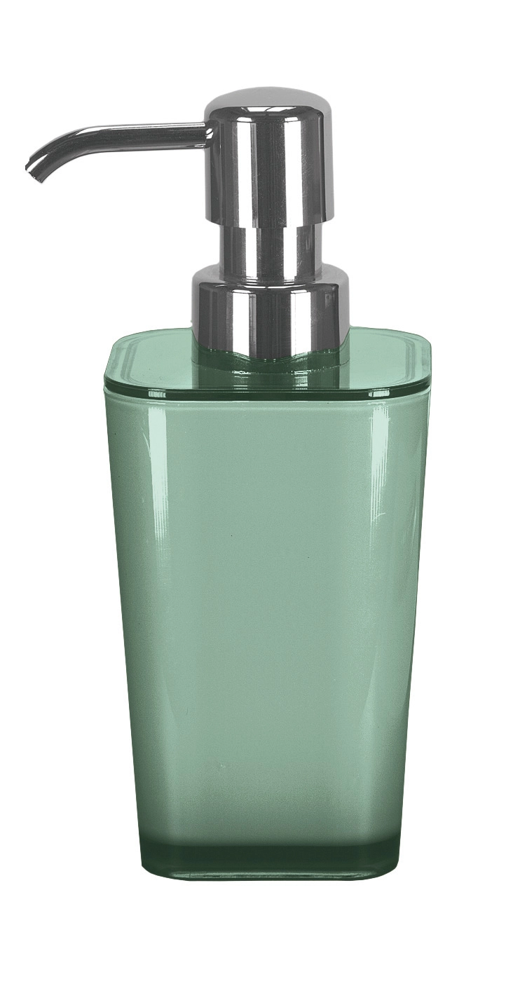 Grüner Seifenspender mit glänzendem Chrom-Pumpkopf, modernes Design, ideal für Badezimmer und Küchen.