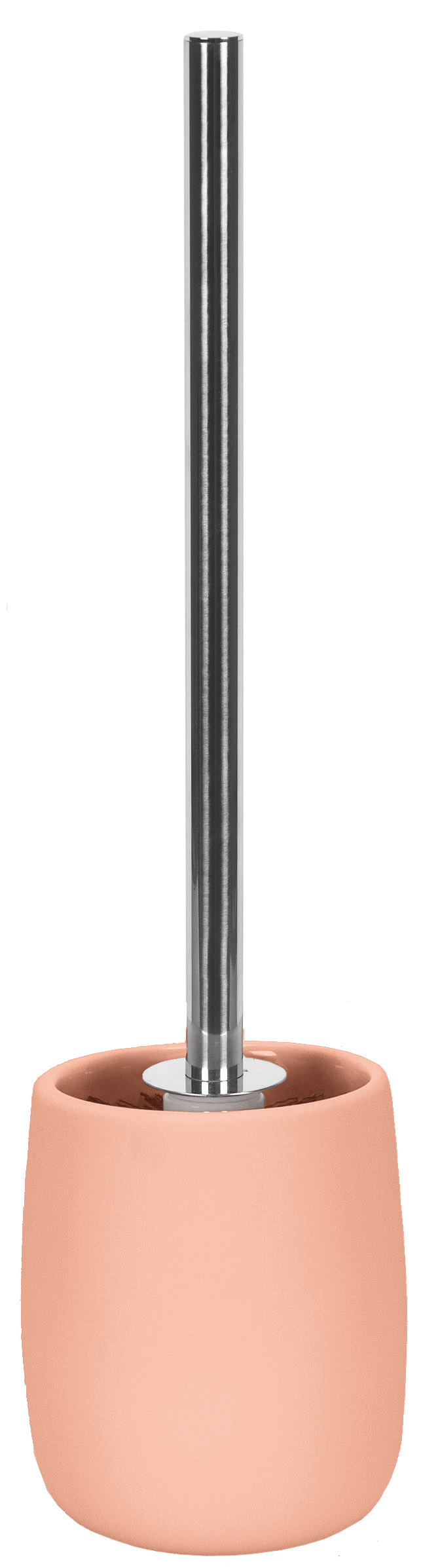 Toilettenbürstenhalter in modernem Design mit mattem, terrakottafarbenem Behälter und glänzendem Edelstahlgriff.