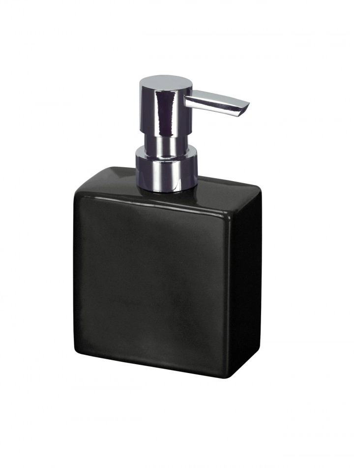 4004478161559 Schwarzer Seifenspender mit glänzendem Chrom-Pumpkopf, modernes und elegantes Design für Badezimmer oder Küche.