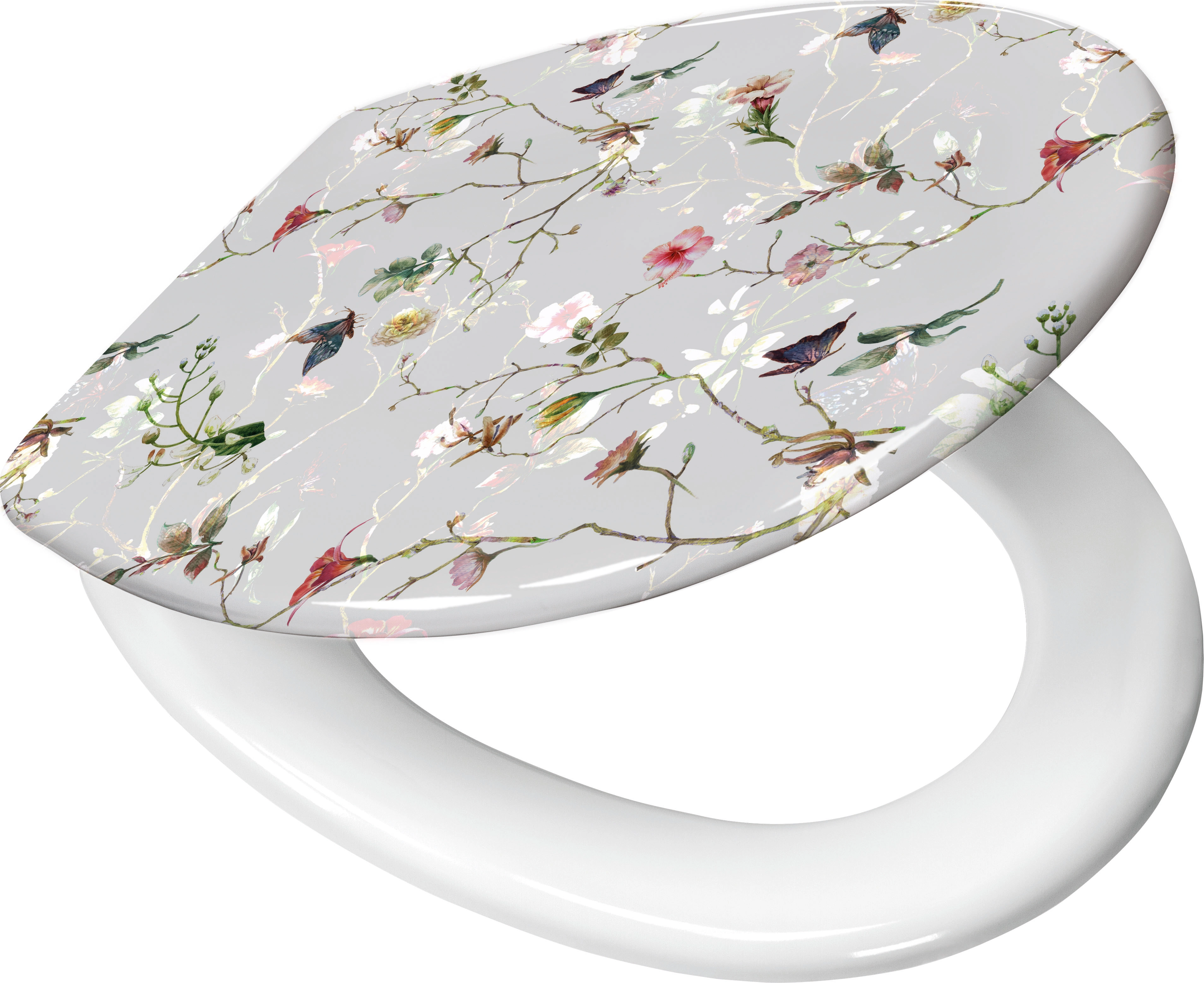 Toilettensitz mit floralem Muster auf grauem Hintergrund, abnehmbar und leicht zu reinigen.