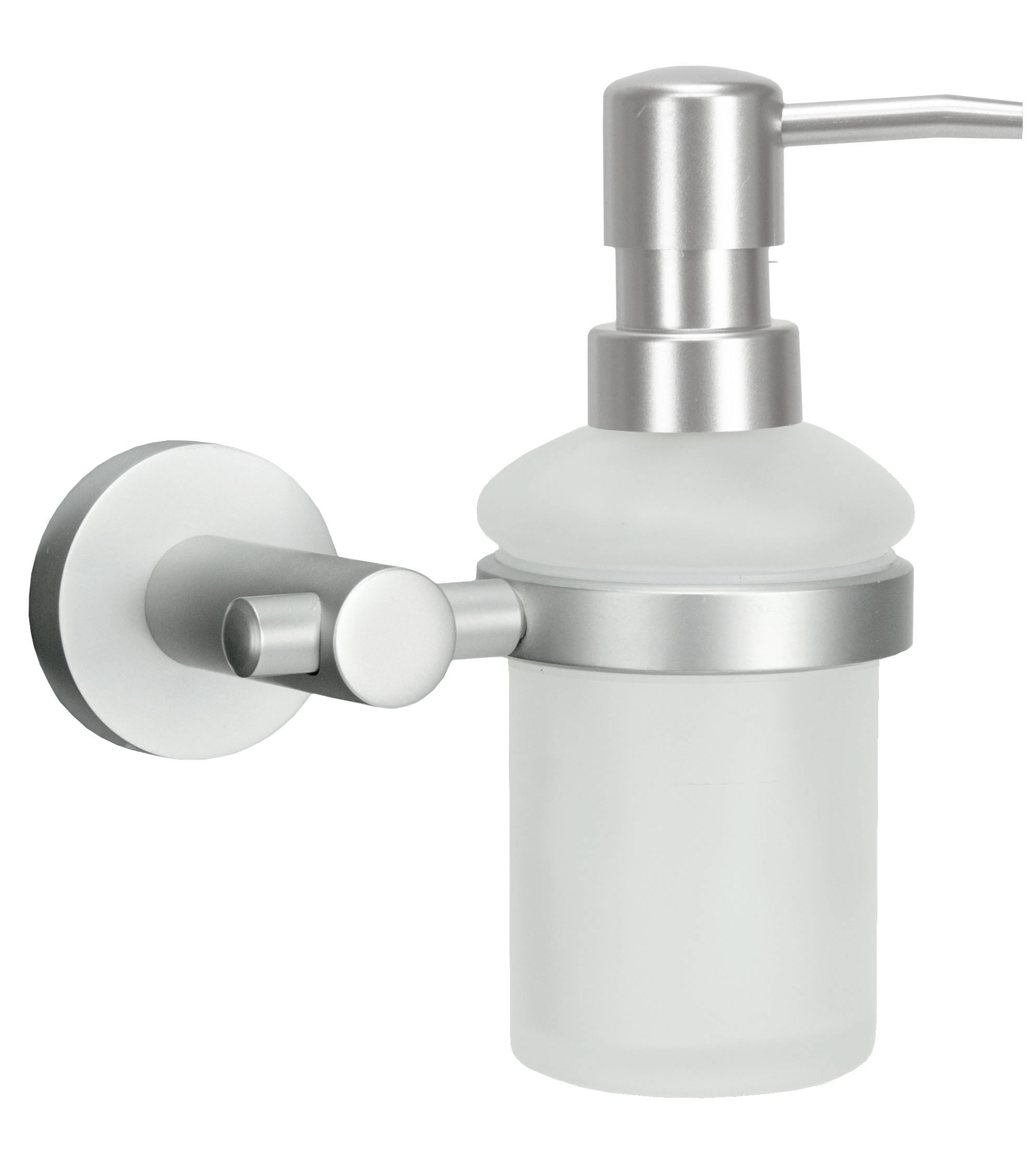 Wandmontierter Seifenspender aus mattem Glas und Edelstahl, modernes Design, ideal für Badezimmer und Küchen.