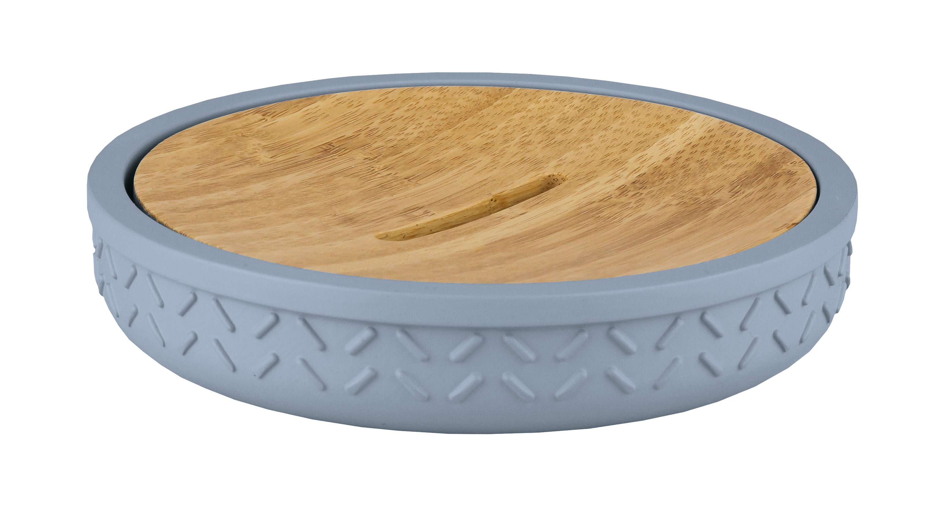 Runde Aufbewahrungsdose mit grauem, strukturiertem Silikonkörper und Deckel aus hellem Holz. Ideal für Bad oder Küche.
