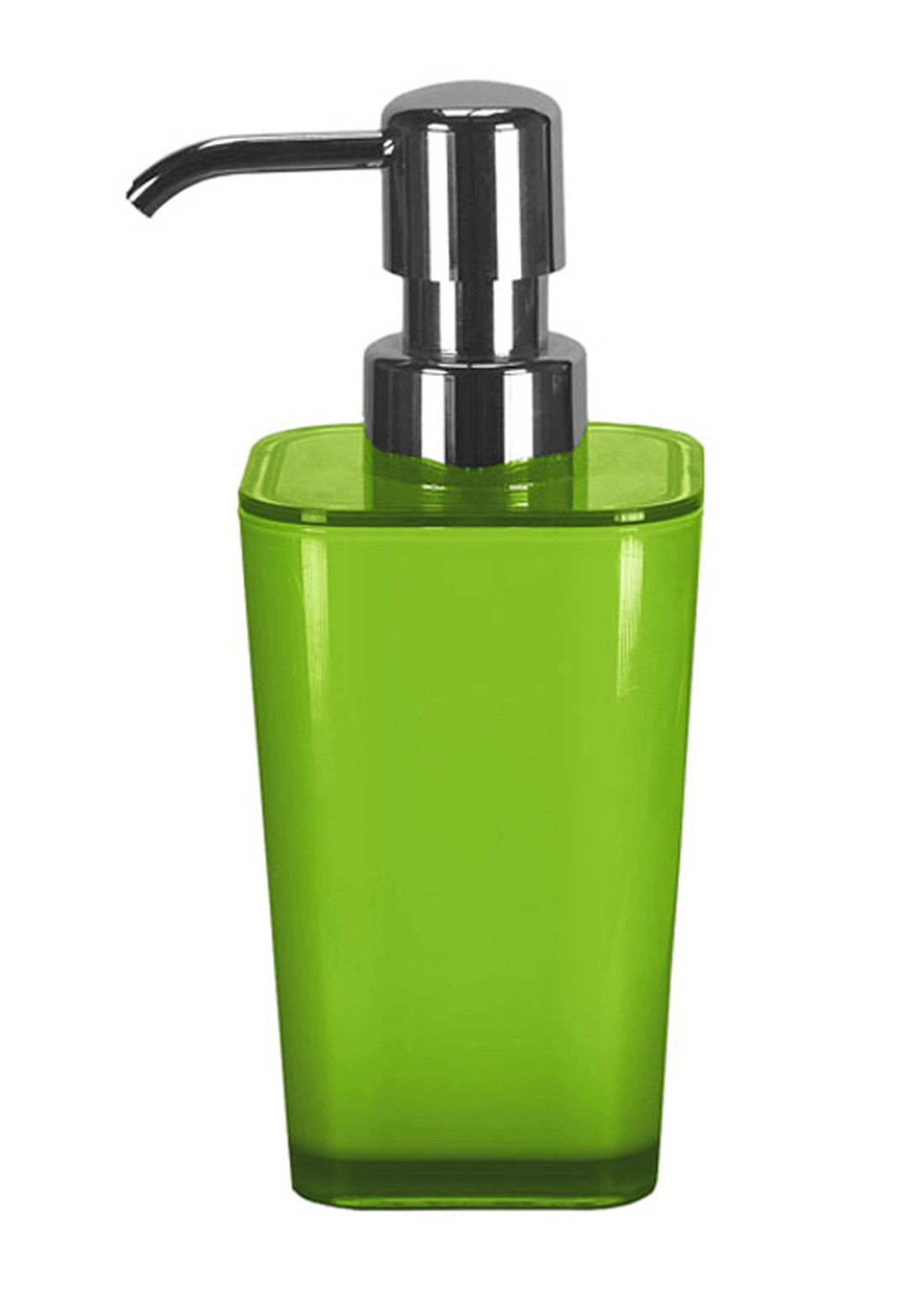 Grüner Seifenspender mit glänzendem Chrom-Pumpkopf, modernes Design, ideal für Badezimmer oder Küche.