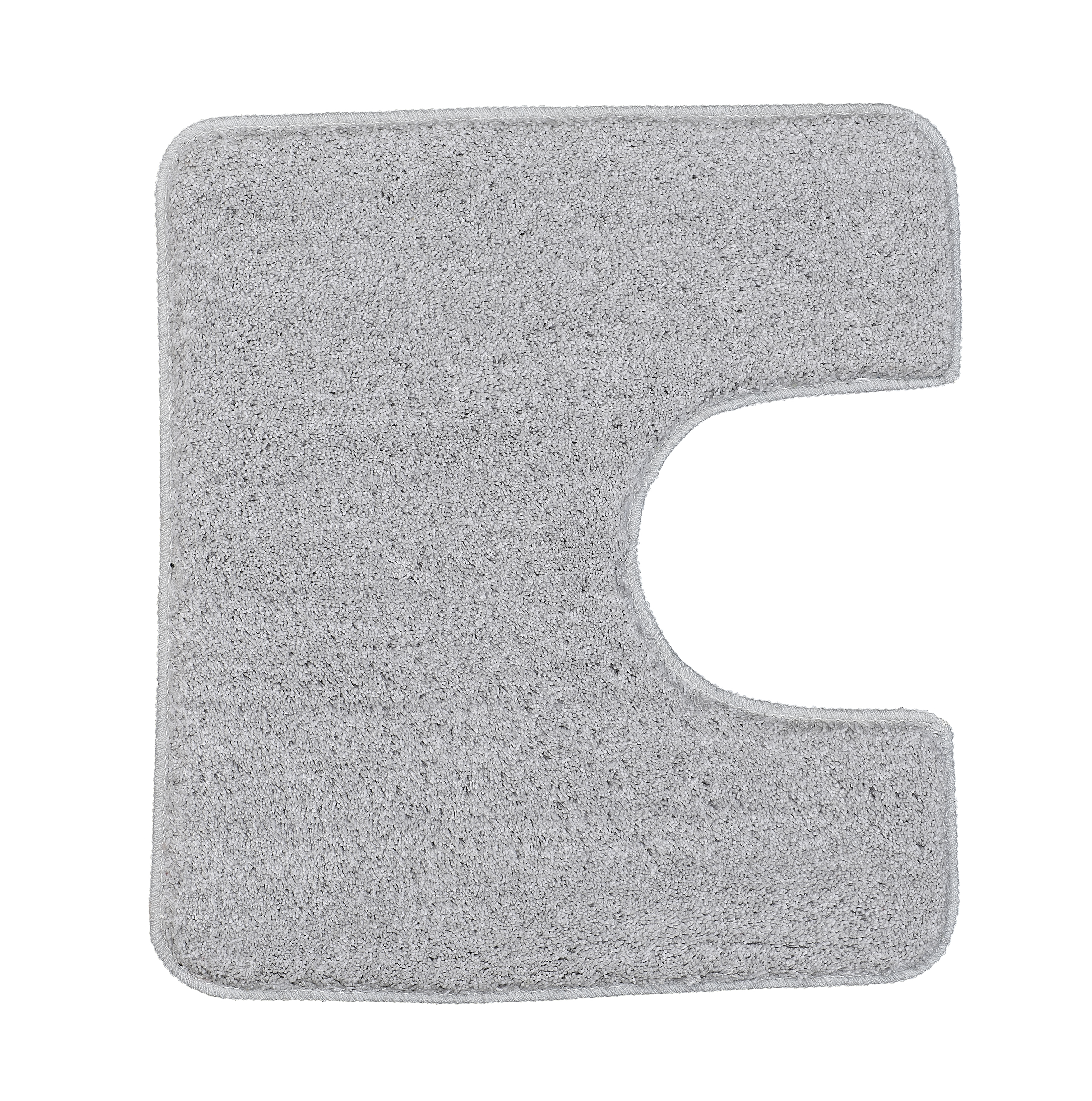 Grauer, rechteckiger WC-Vorleger mit Ausschnitt, weiche Textur, rutschfeste Unterseite, ideal für Badezimmer.