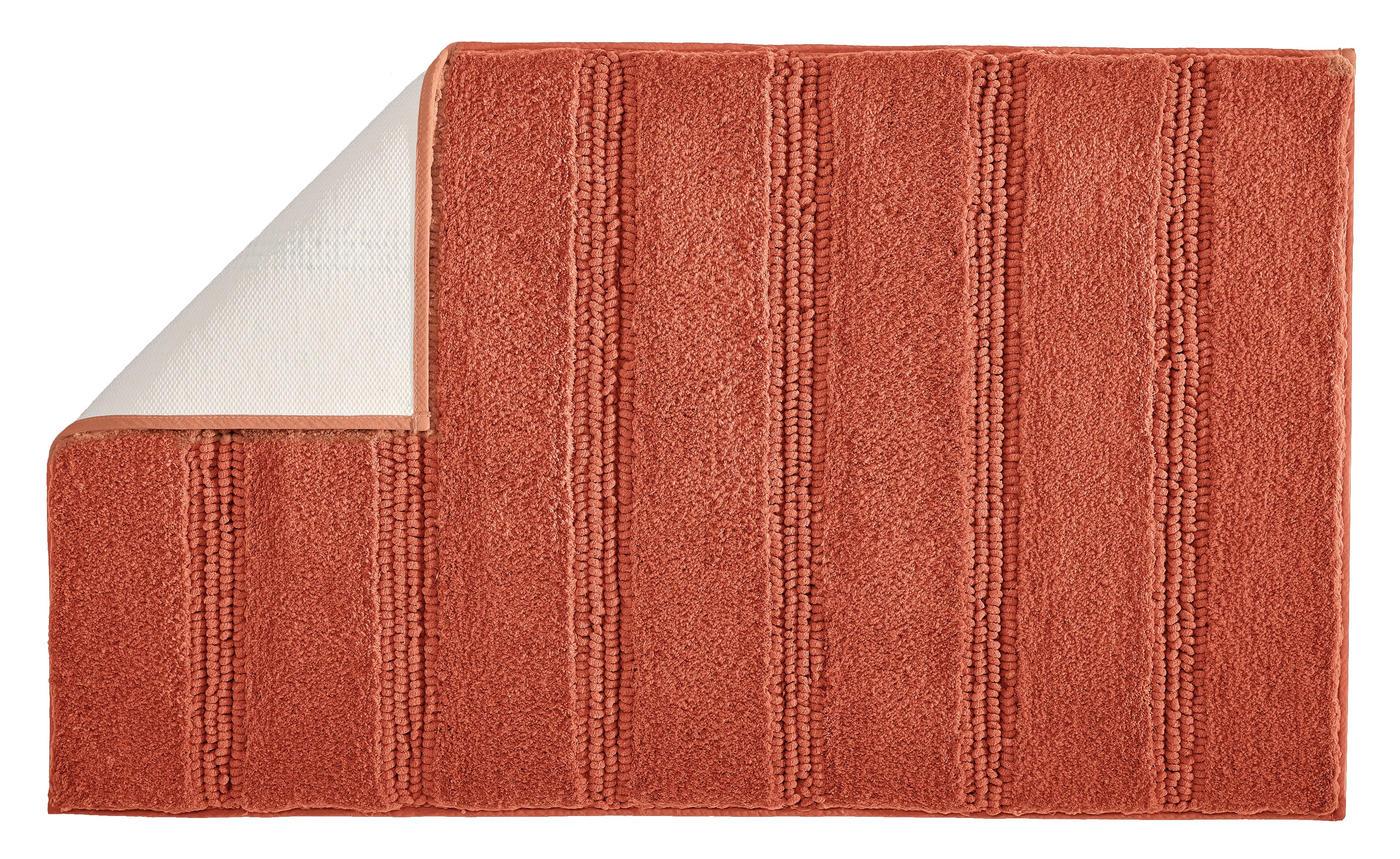 Roter Badteppich mit Streifenmuster, weiche Textur, rutschfeste Rückseite, Ecke umgeschlagen.