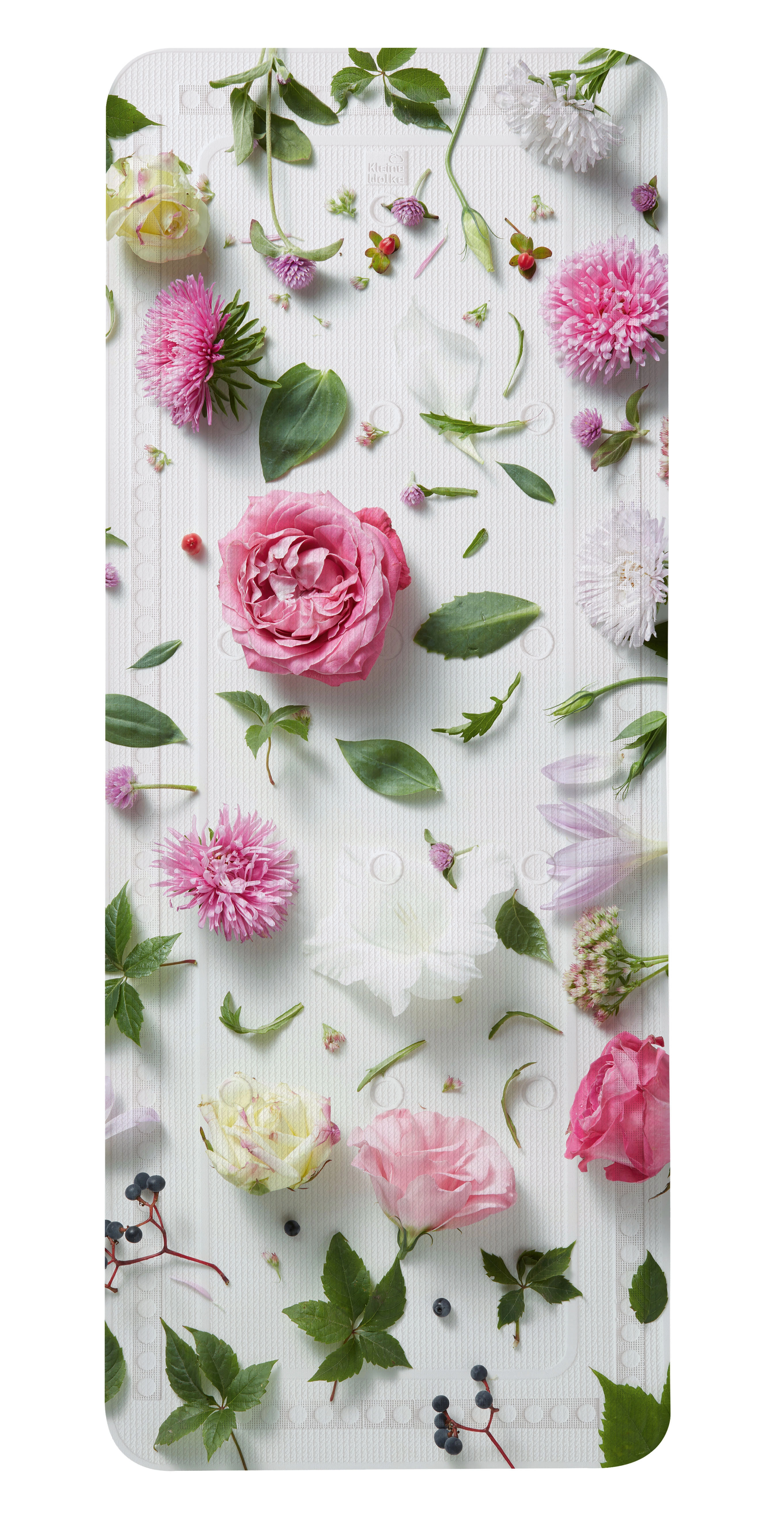 Wanneneinlage ROSALIE Multicolor 36 x 92 cm Badematte mit floralem Design in Rosa und Grün, dekoriert mit verschiedenen Blumen und Blättern auf weißem Hintergrund.