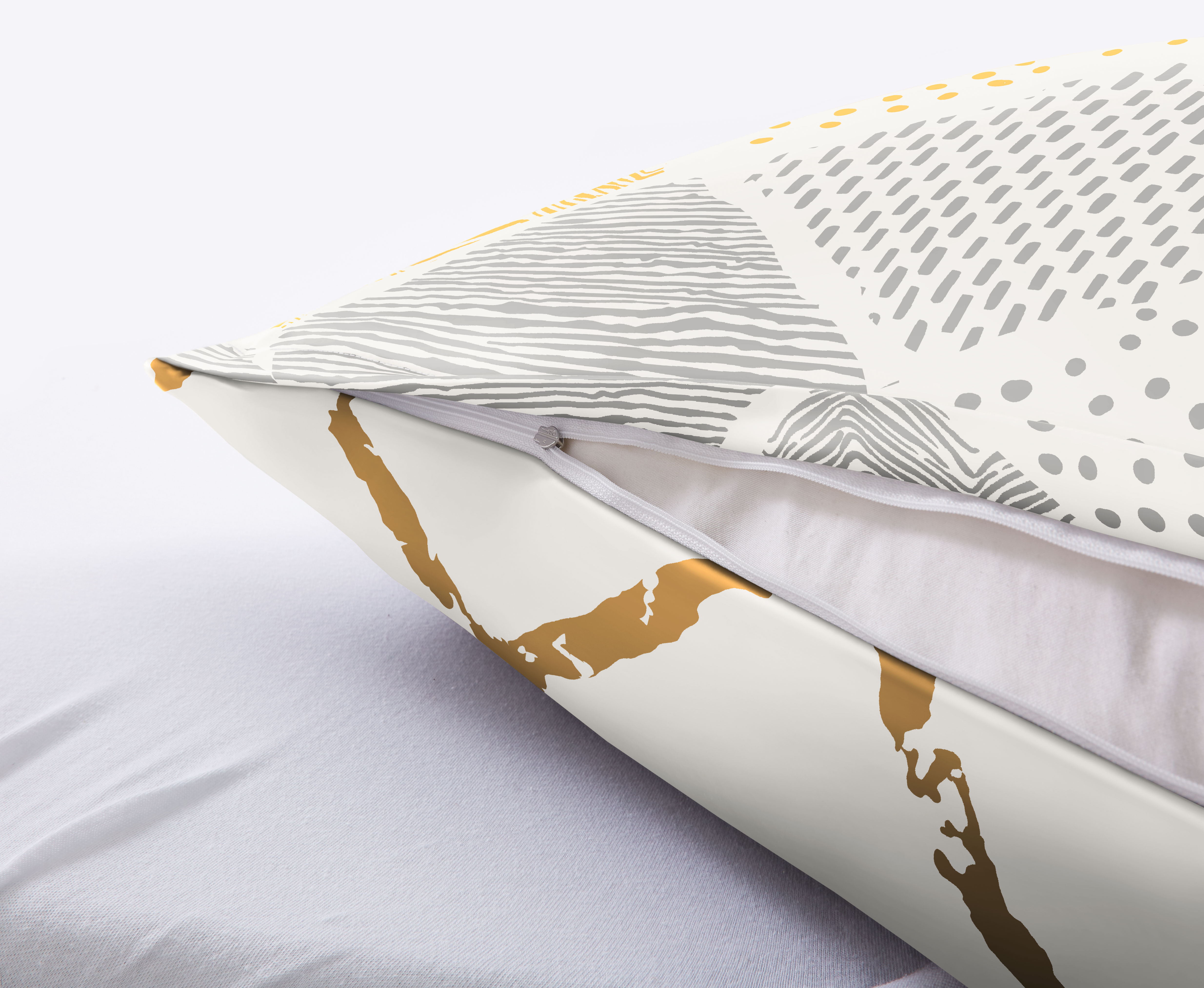 Bettwäsche-Set mit modernem, abstraktem Design in Weiß, Grau und Gold. Reißverschluss für einfaches Beziehen.