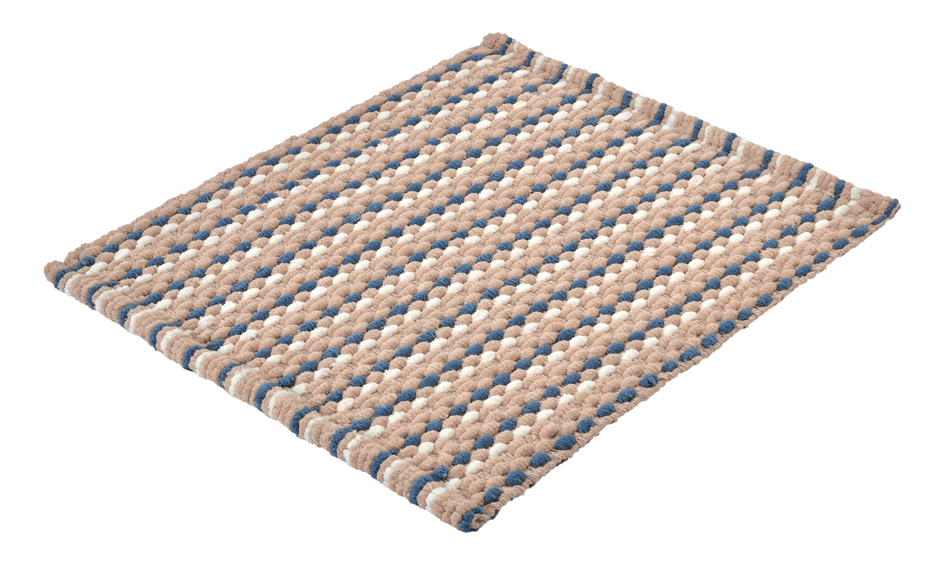 Quadratischer Badteppich mit gestreiftem Design in Beige, Blau und Weiß. Flauschige Textur für ein angenehmes Gefühl unter den Füßen.