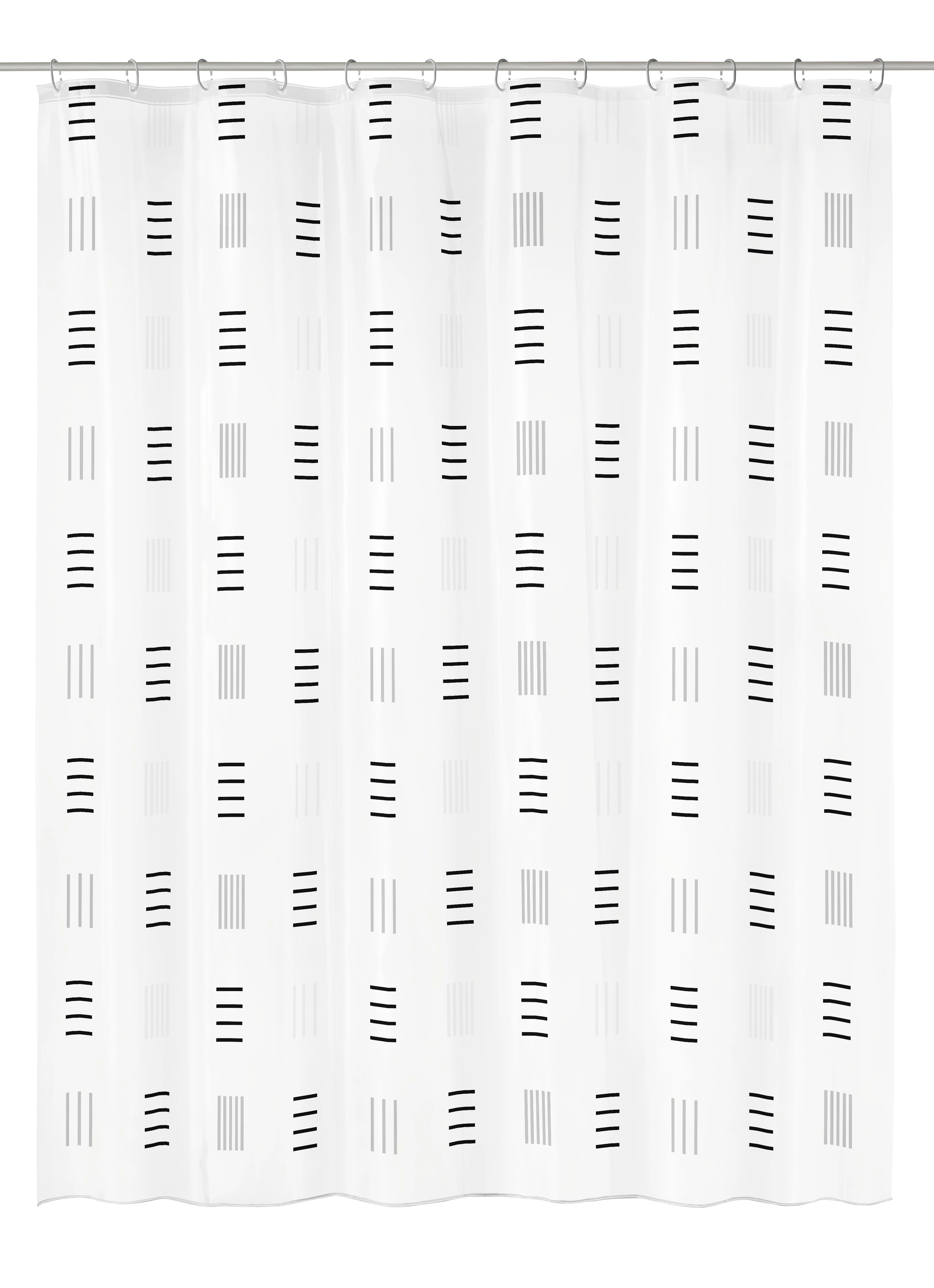 Duschvorhang mit modernem, geometrischem Muster in Schwarz-Weiß, ideal für ein stilvolles Badezimmer.