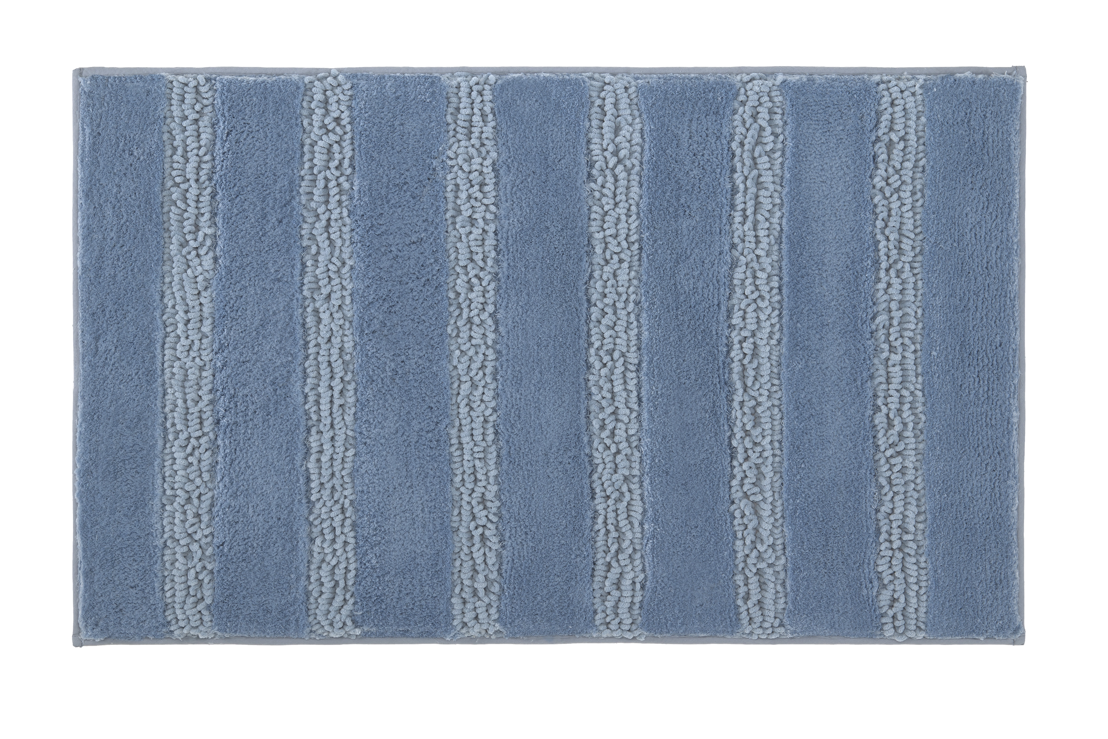 Blaue Badematte mit gestreiftem Design, weiche Textur, ideal für Badezimmer.
