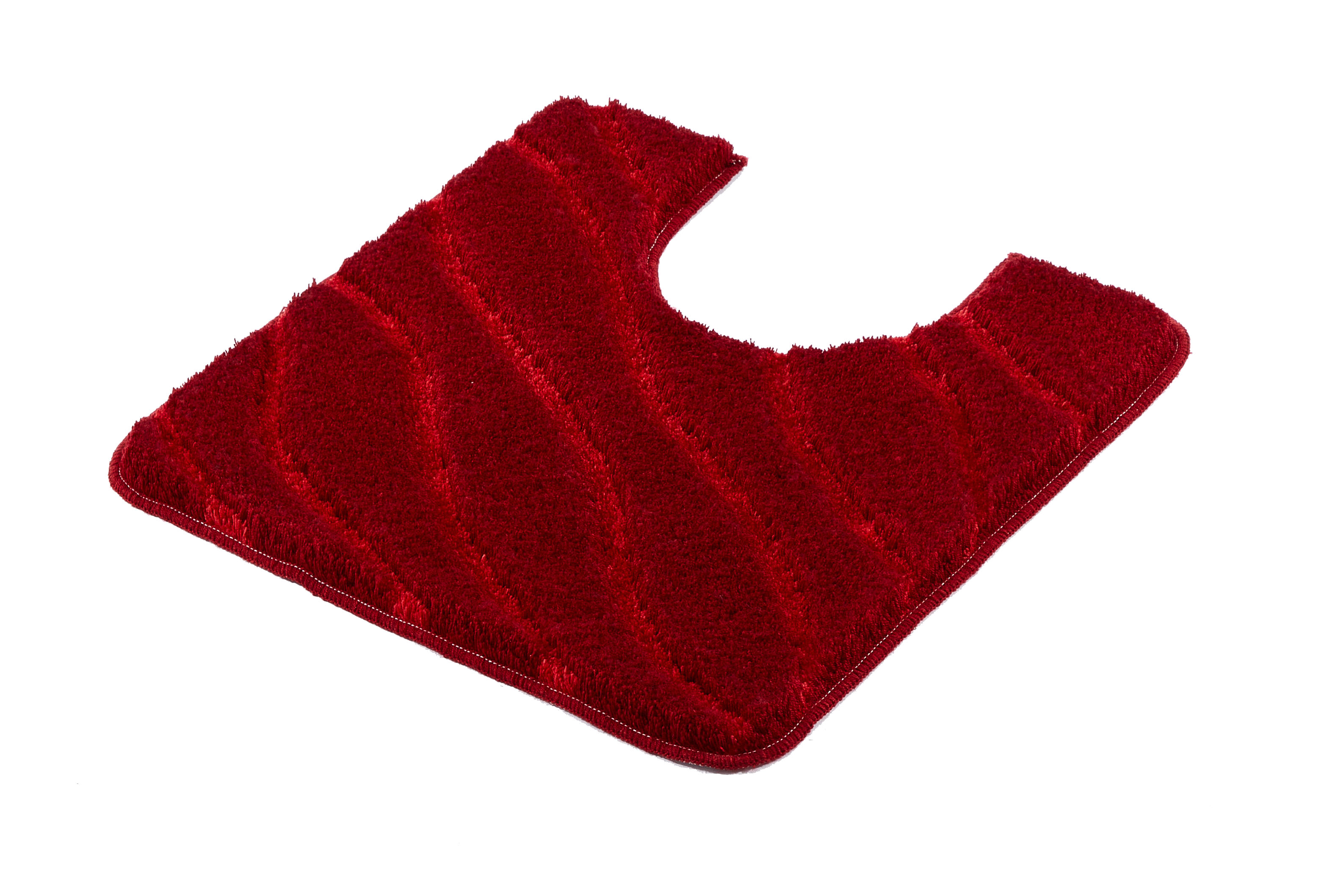 Rote Badematte mit wellenförmigem Muster und Ausschnitt für Toiletten. Weiche, flauschige Textur für ein komfortables Badezimmer.