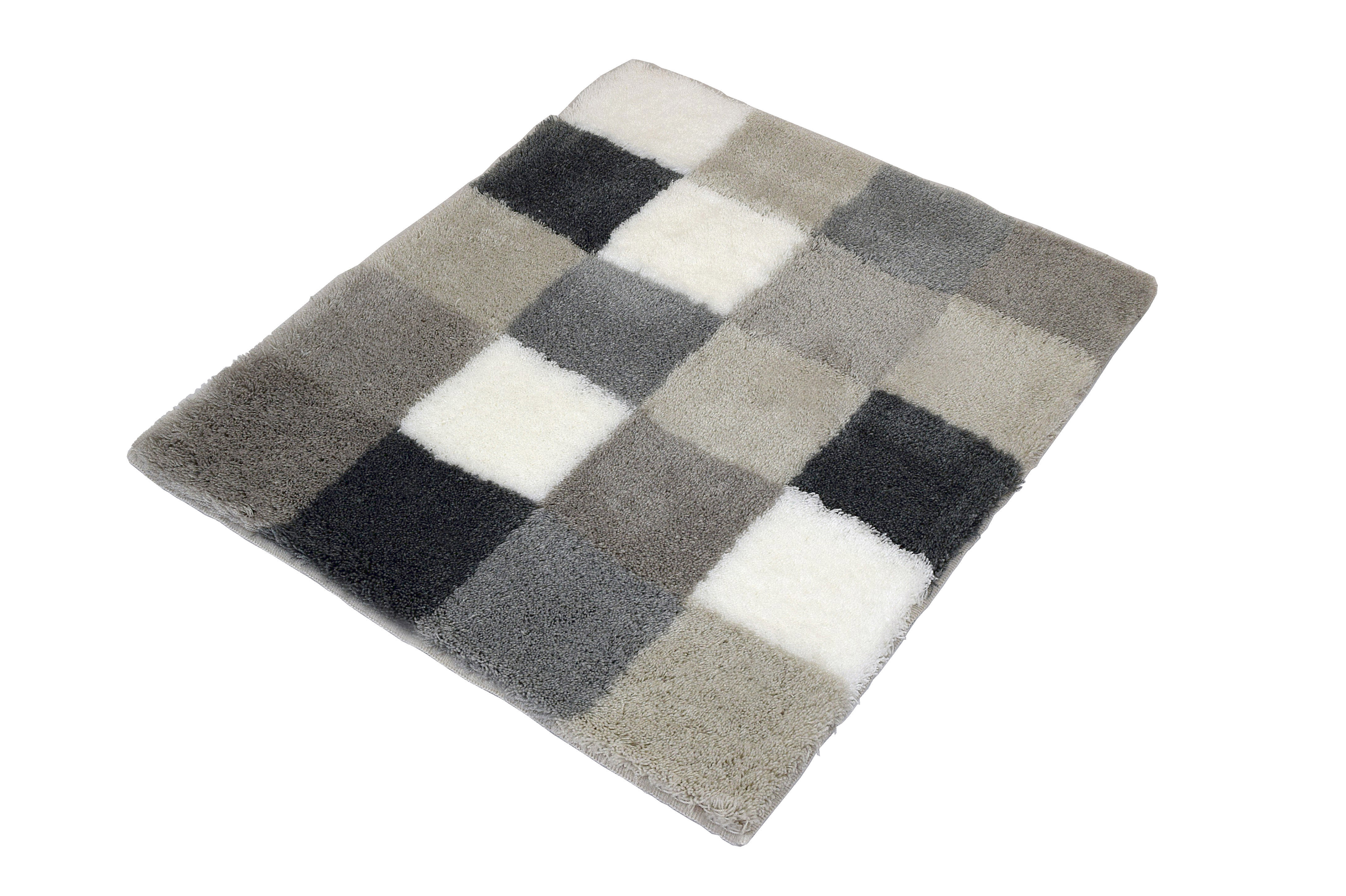 Badteppich CARO Flanell 55 x 65 cm Badematte mit weichem Flor in verschiedenen Grautönen und Weiß, kariertes Design, rechteckig.