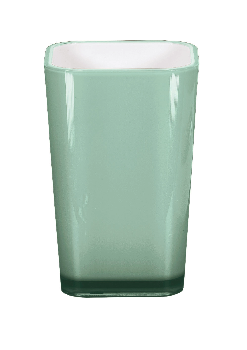 Mintgrüner Zahnputzbecher mit glänzender Oberfläche und weißem Innenbereich.