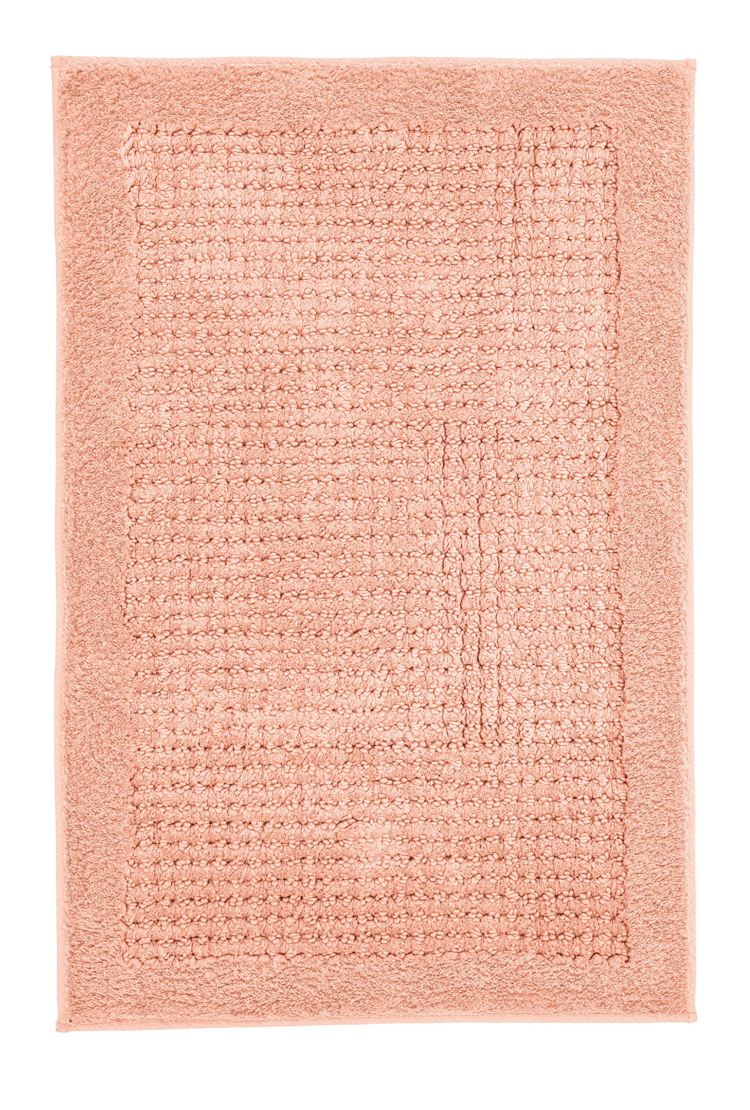 Weicher, rechteckiger Badezimmerteppich in zartem Rosa mit strukturierter Oberfläche und umsäumten Kanten.
