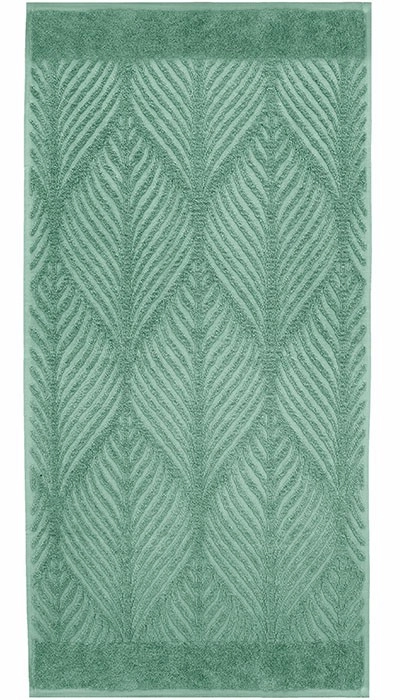 4004478324824 Grünes Handtuch mit elegantem Blattmuster, weiche Textur, ideal für Badezimmer und Wellnessbereiche.