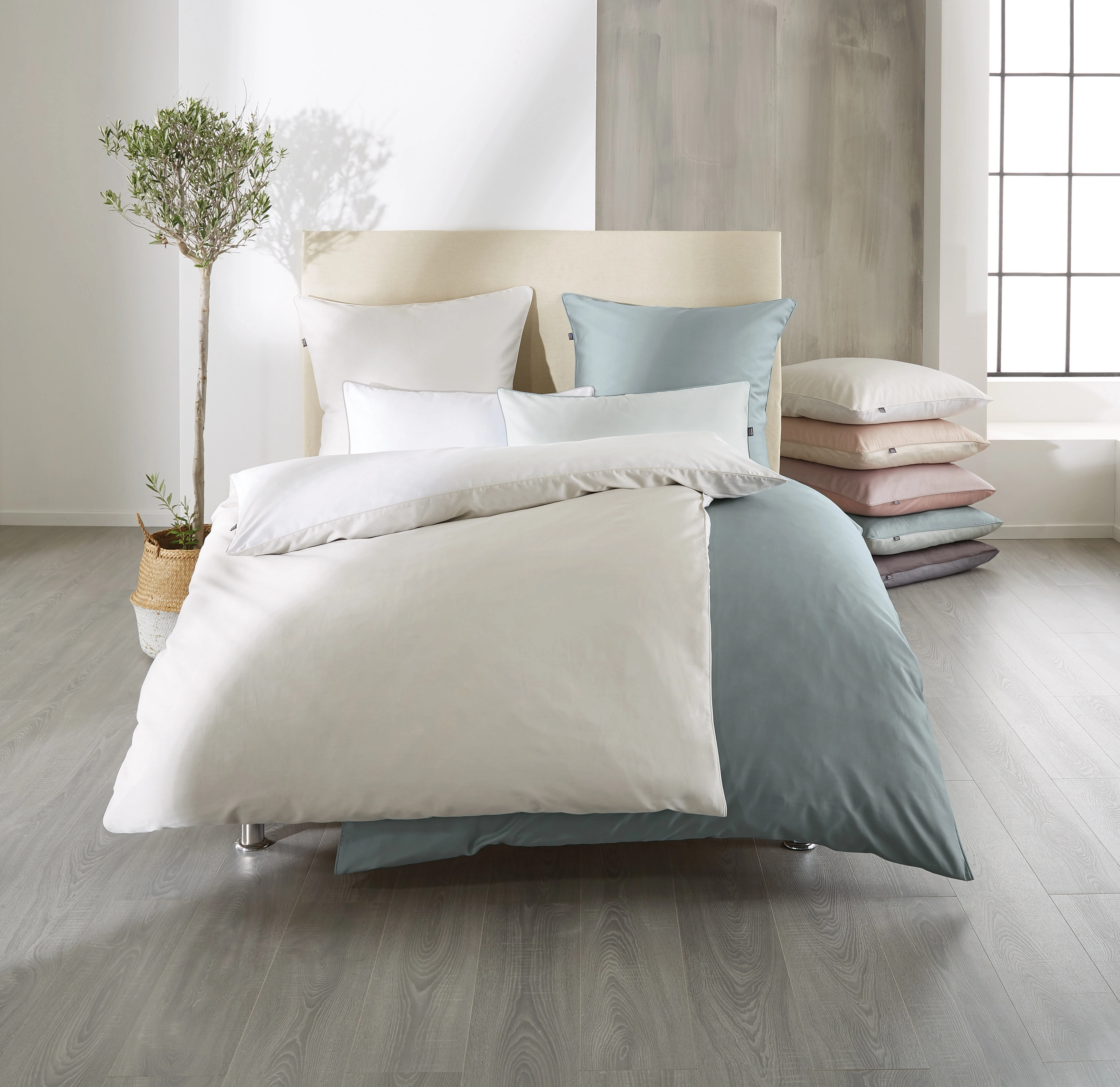 Bettwäsche-Set in Weiß und Blau auf modernem Bett, dekoriert mit Kissen und Pflanze, in hellem, stilvollem Schlafzimmer.