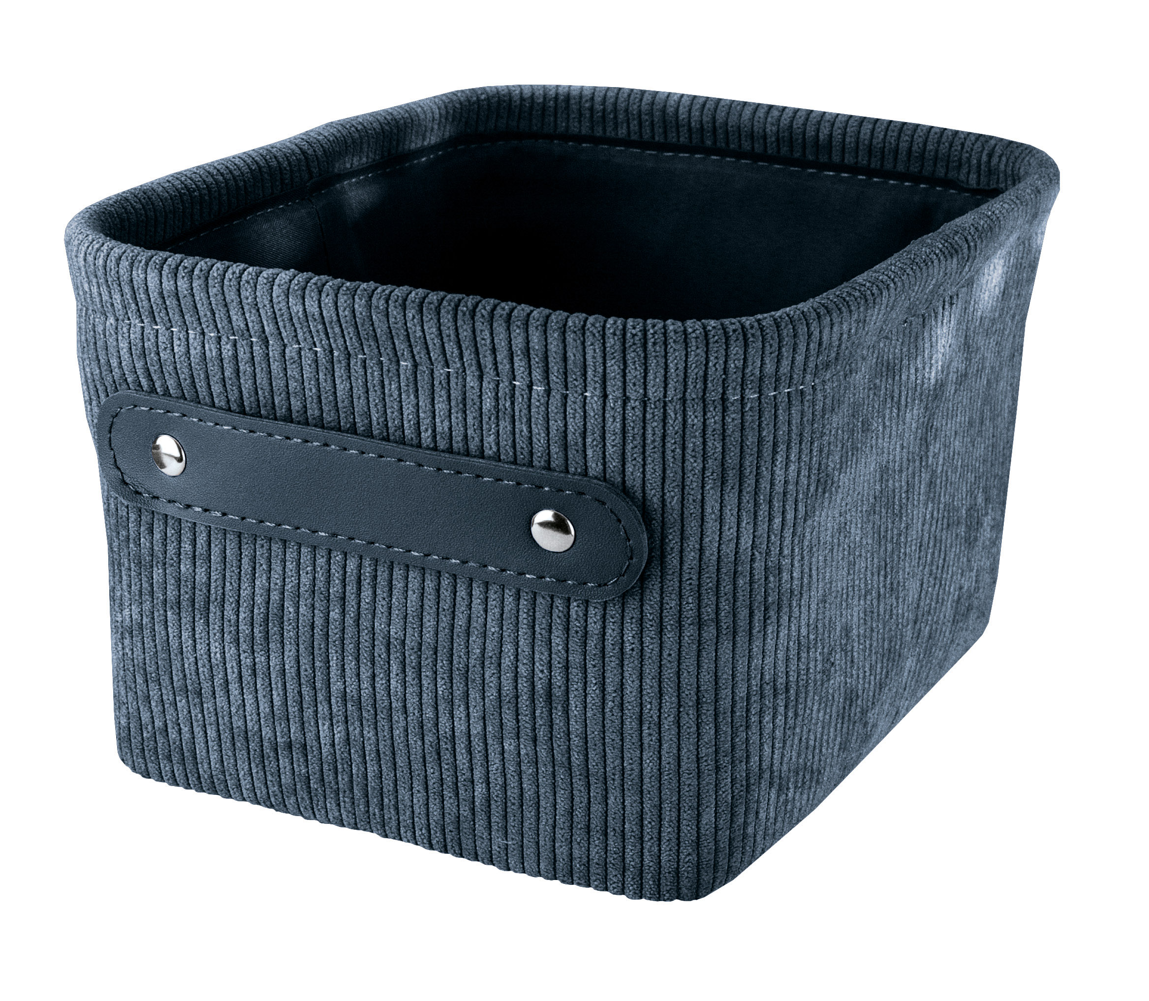 Aufbewahrungskorb BEDFORD Mare S Grauer Aufbewahrungskorb aus weichem Cordstoff mit schwarzen Kunstledergriffen und silbernen Nieten. Ideal für stilvolle Organisation.