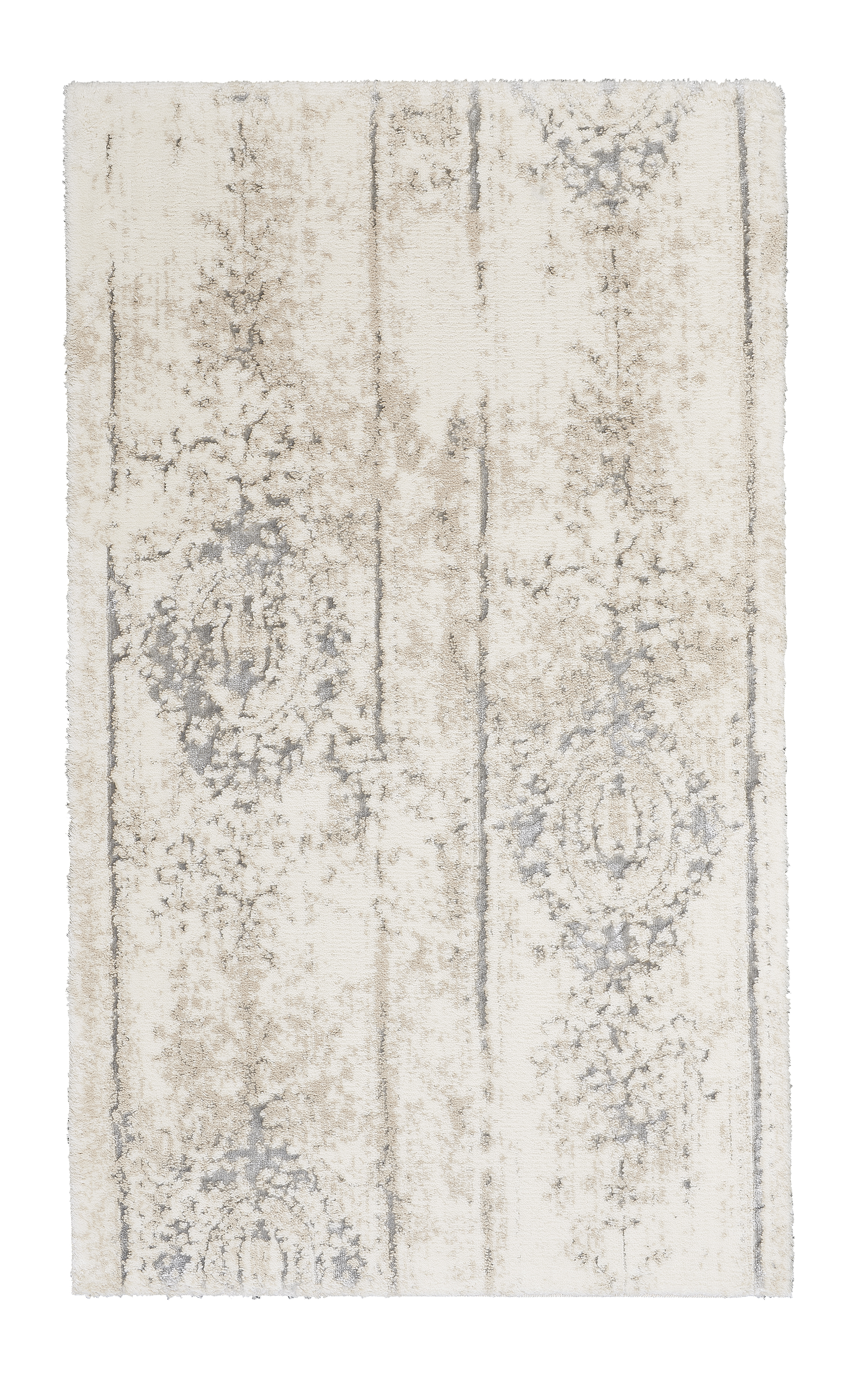 Badteppich CARACAS Silbergrau 60 x 100 cm Moderner Teppich in Creme- und Grautönen mit elegantem, vintage-inspiriertem Muster. Perfekt für stilvolle Wohnräume.