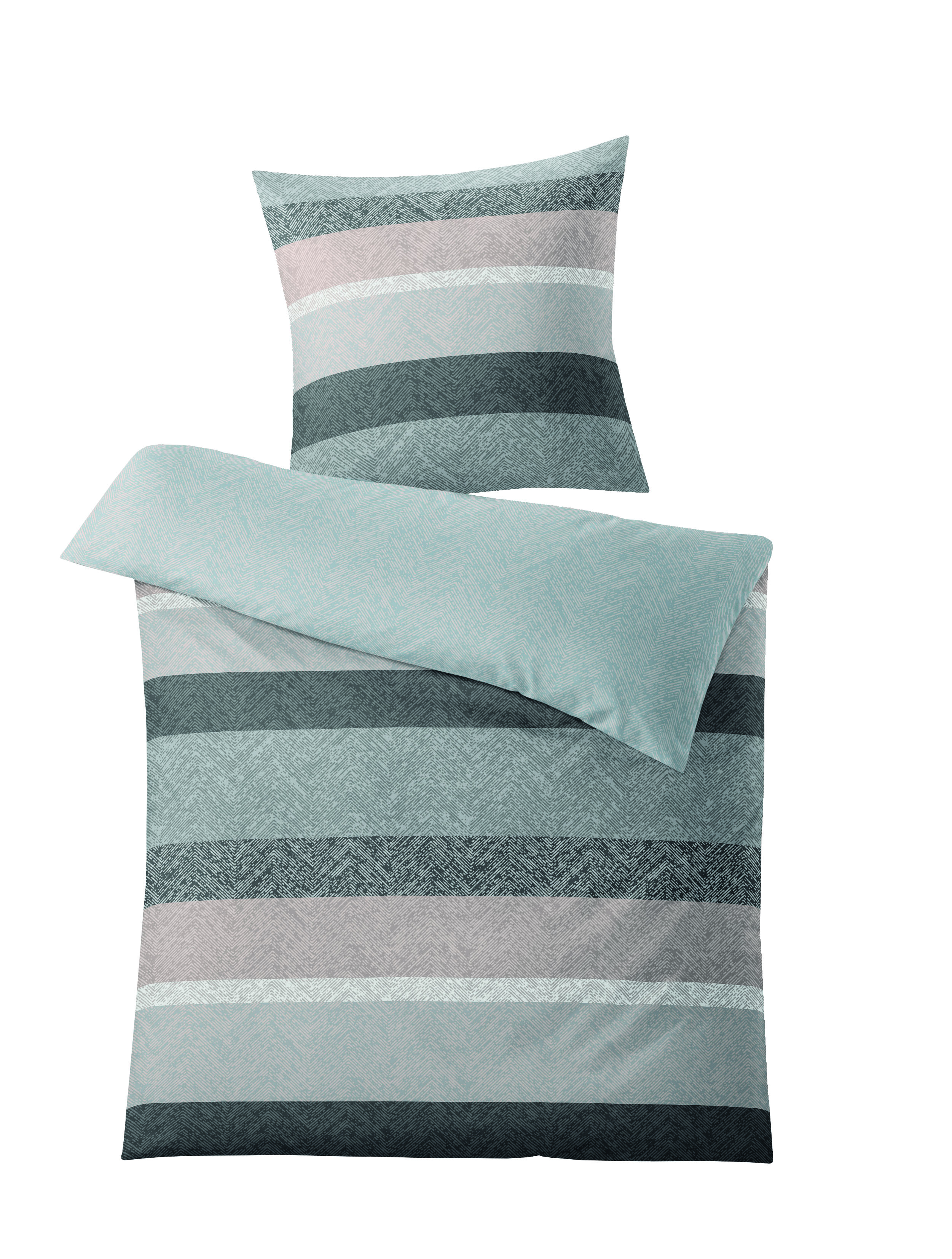 Bettwäsche-Set mit Streifenmuster in Grau- und Grüntönen, bestehend aus Decken- und Kissenbezug.