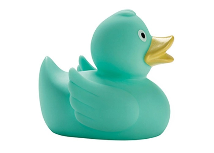 4004478303874 Türkise Badeente mit gelbem Schnabel und weißen Augen, ideal für das Badezimmer oder als Geschenk.