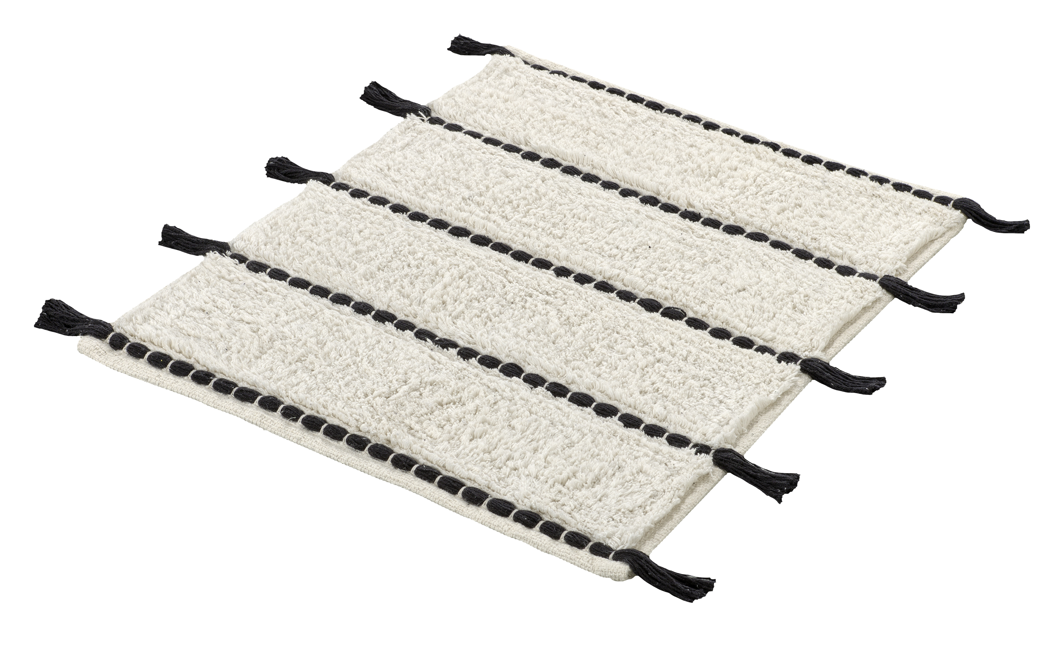 Weißer Badteppich mit schwarzen Streifen und Quasten. Weiche Textur, modernes Design, ideal für Badezimmer.