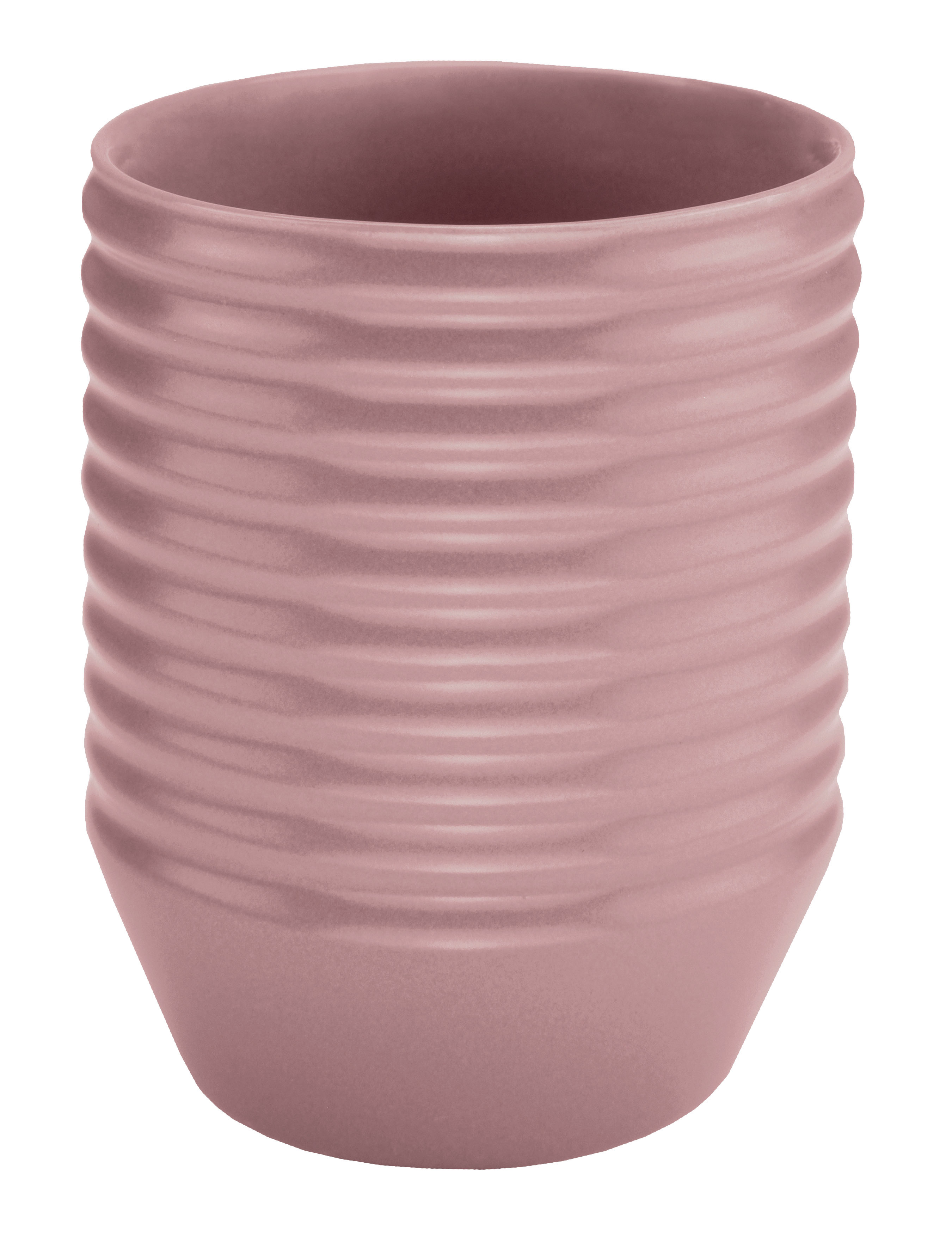 Rosa Blumentopf mit geriffelter Oberfläche, modernem Design und matter Textur. Ideal für stilvolle Inneneinrichtung.
