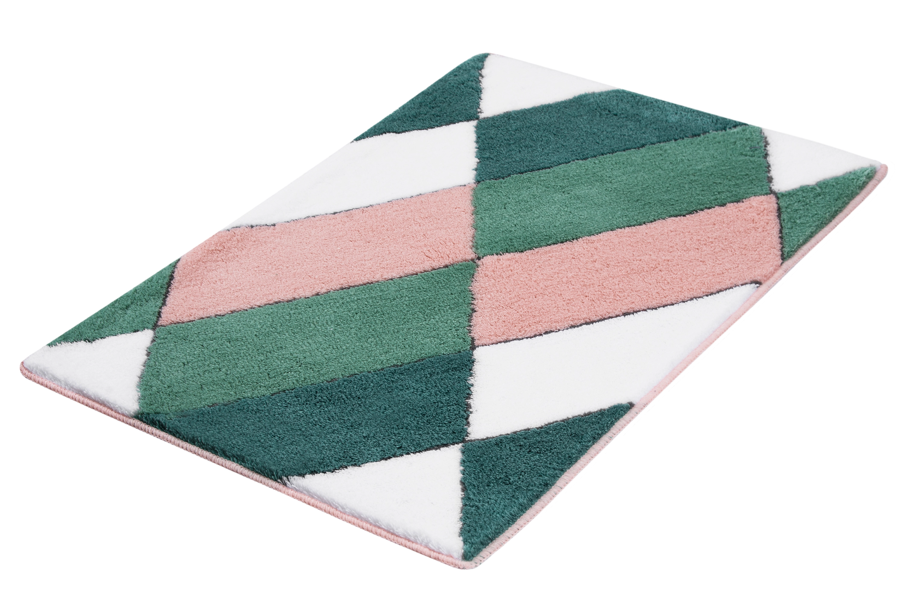 Badematte mit geometrischem Muster in Grün, Rosa und Weiß, weiche Textur, ideal für moderne Badezimmer.