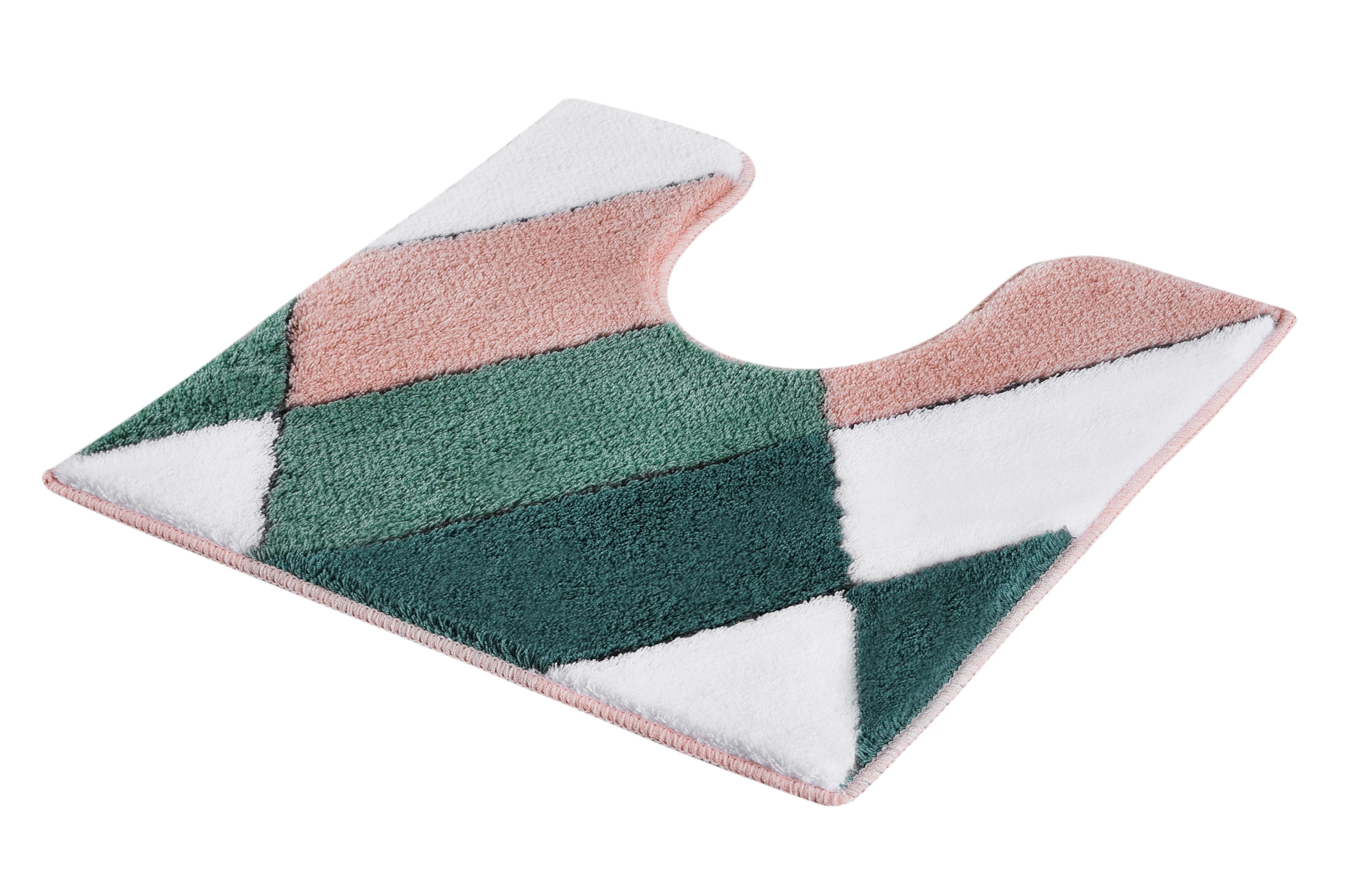 Bunte Badematte mit geometrischem Muster in Rosa, Grün und Weiß, ideal für WC-Bereich. Weich und stilvoll.