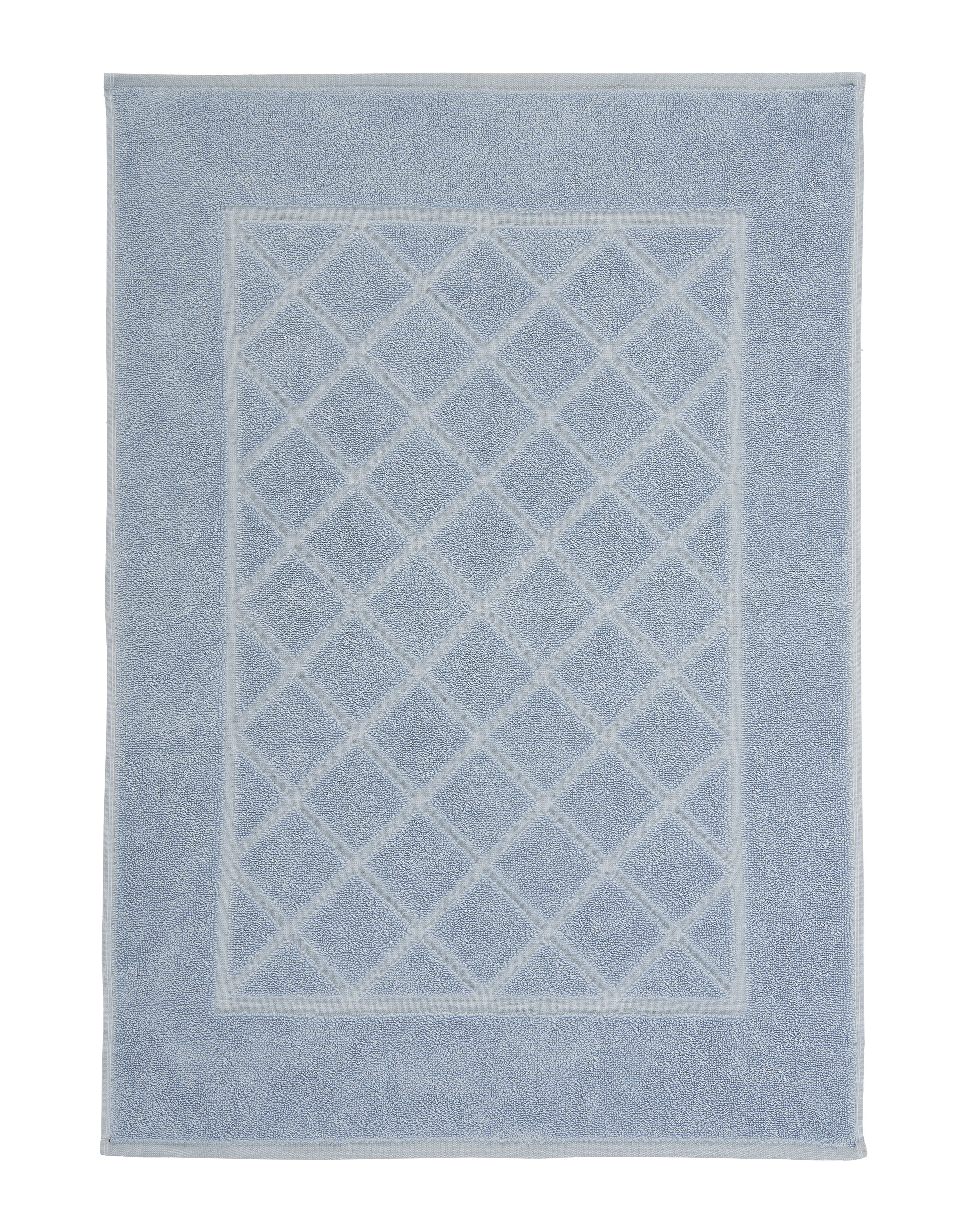 Weicher, hellblauer Badteppich mit elegantem Rautenmuster und dezentem Rand. Perfekt für ein stilvolles Badezimmer.