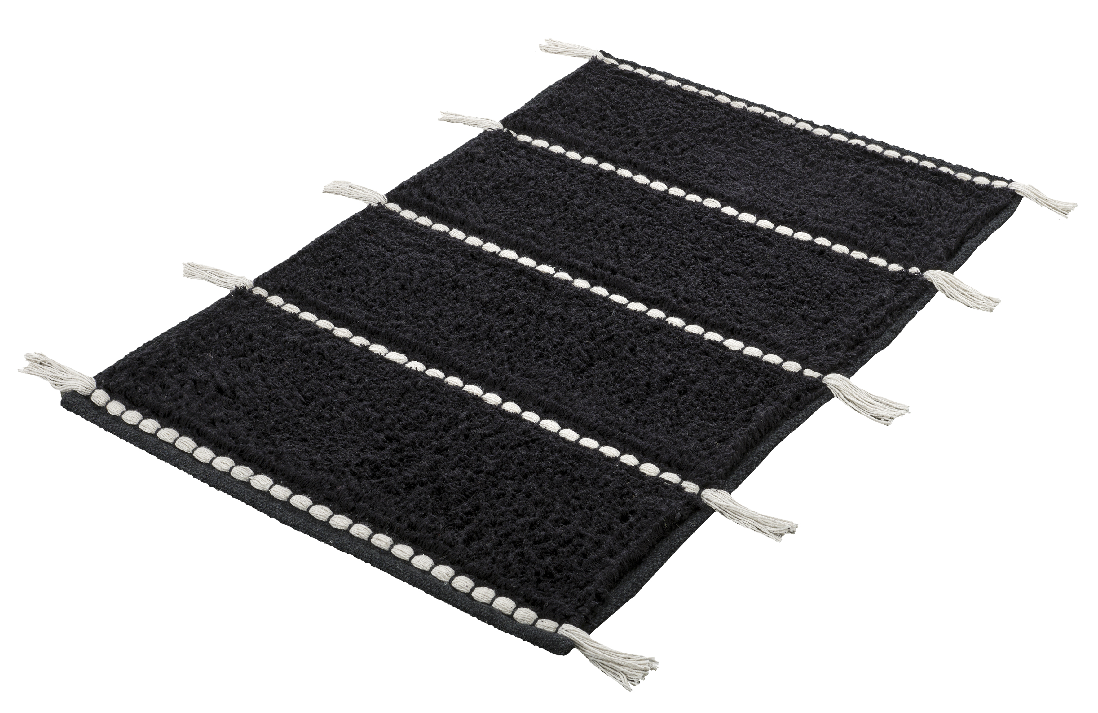 Schwarzer Badteppich mit weißen Quasten und dekorativen Streifen, weiche Textur, ideal für moderne Badezimmer.