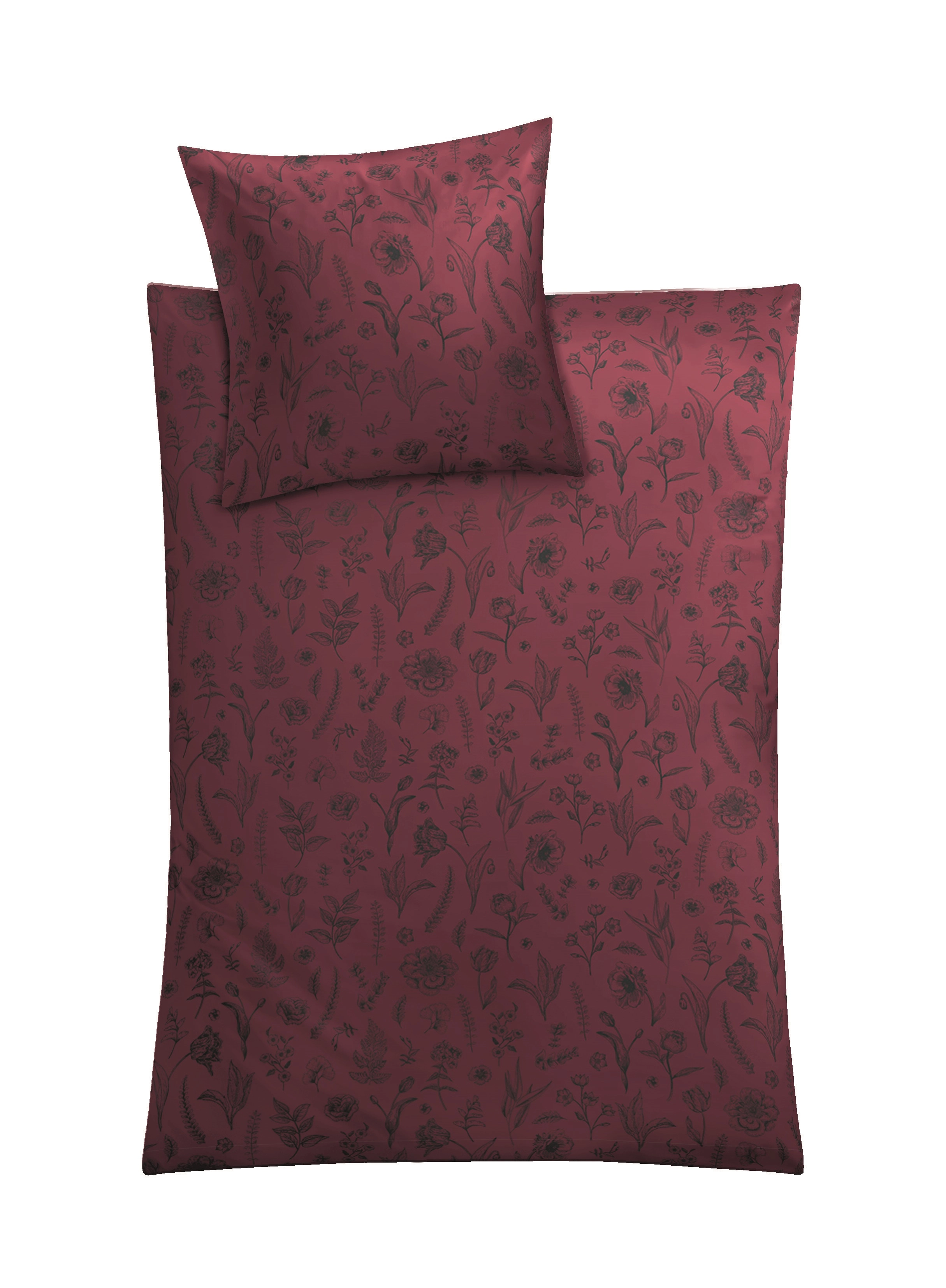 Bettwäsche Satin LISSE Rot 135 x 200 cm und 80 x 80 cm Bettwäsche-Set in Bordeaux mit floralem Muster, bestehend aus einem Kissenbezug und einem Deckenbezug.
