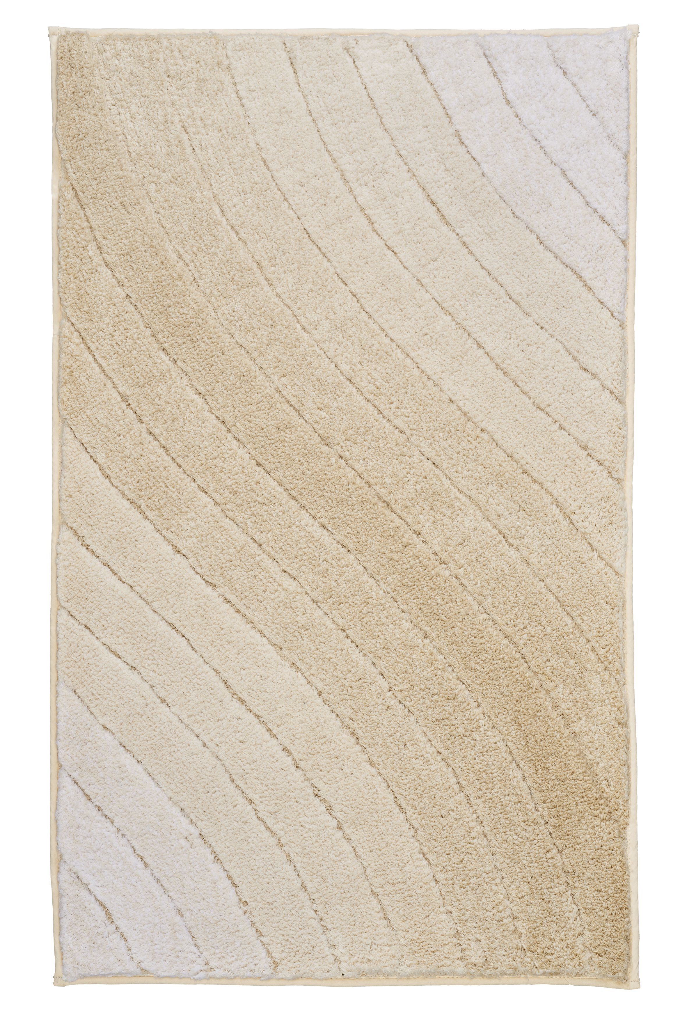 Beige Badematte mit wellenförmigem Muster, weiche Textur, rutschfeste Rückseite, ideal für Badezimmer.