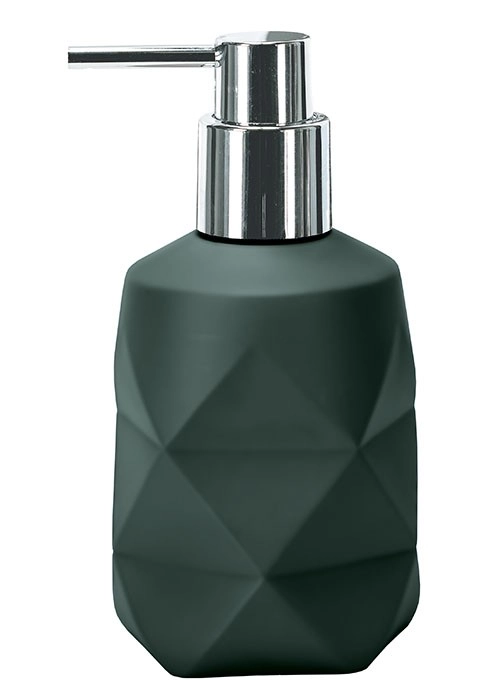 Moderner Seifenspender in Dunkelgrün mit geometrischem Design und glänzendem Chrom-Pumpkopf. Ideal für stilvolle Badezimmer.