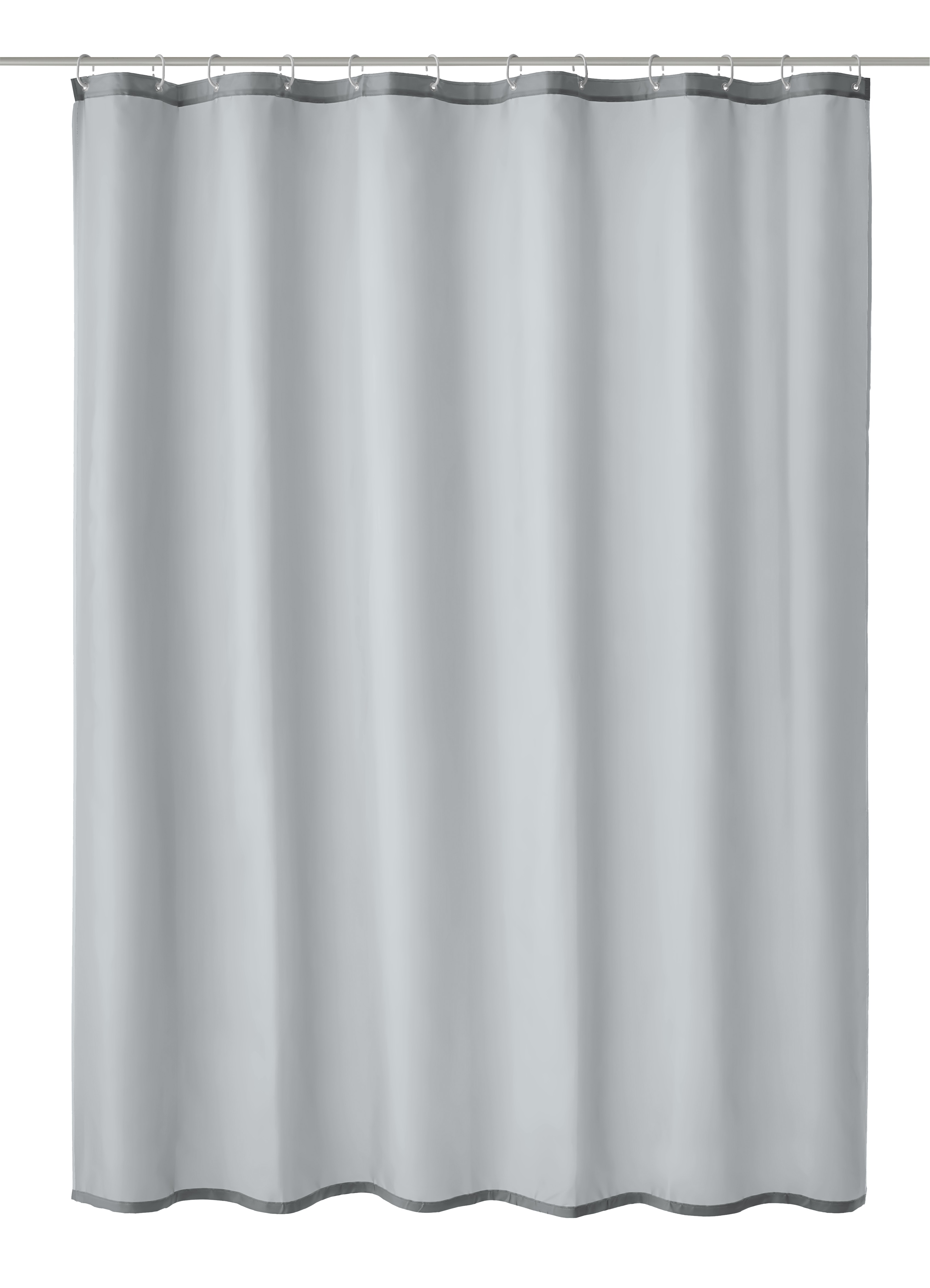 Duschvorhang in schlichtem Grau, aus hochwertigem Material, mit stabilen Ösen zur einfachen Befestigung.