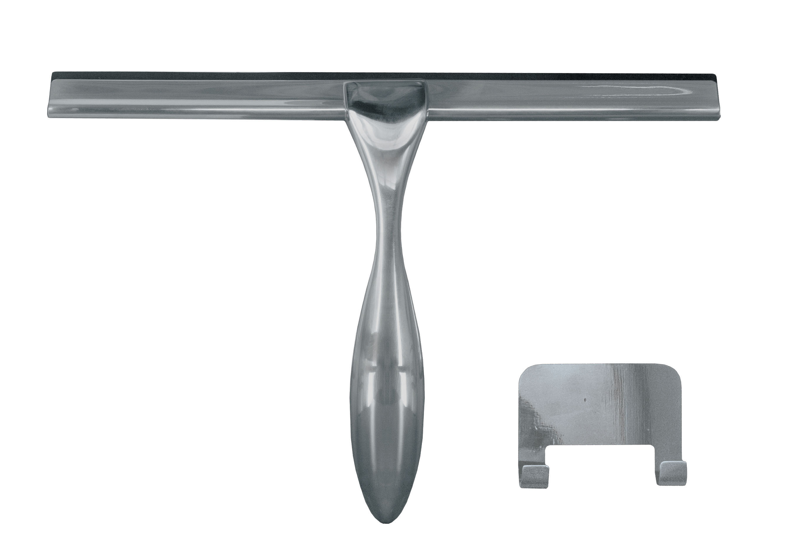 Duschabzieher aus Edelstahl mit Wandhalterung, modernes Design, ideal für streifenfreies Abziehen von Glas und Fliesen.