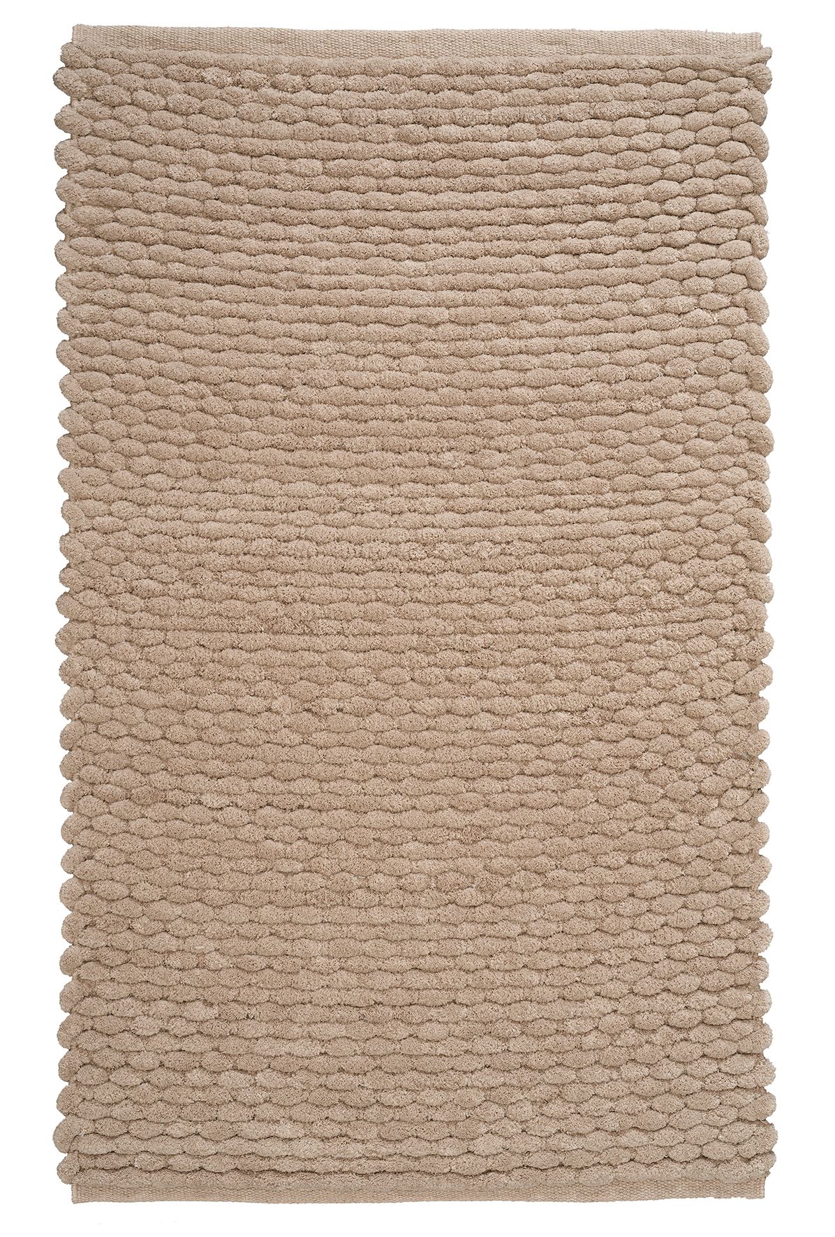 Beigefarbene Badematte mit strukturierter Oberfläche und geflochtenem Design, ideal für ein stilvolles Badezimmer.