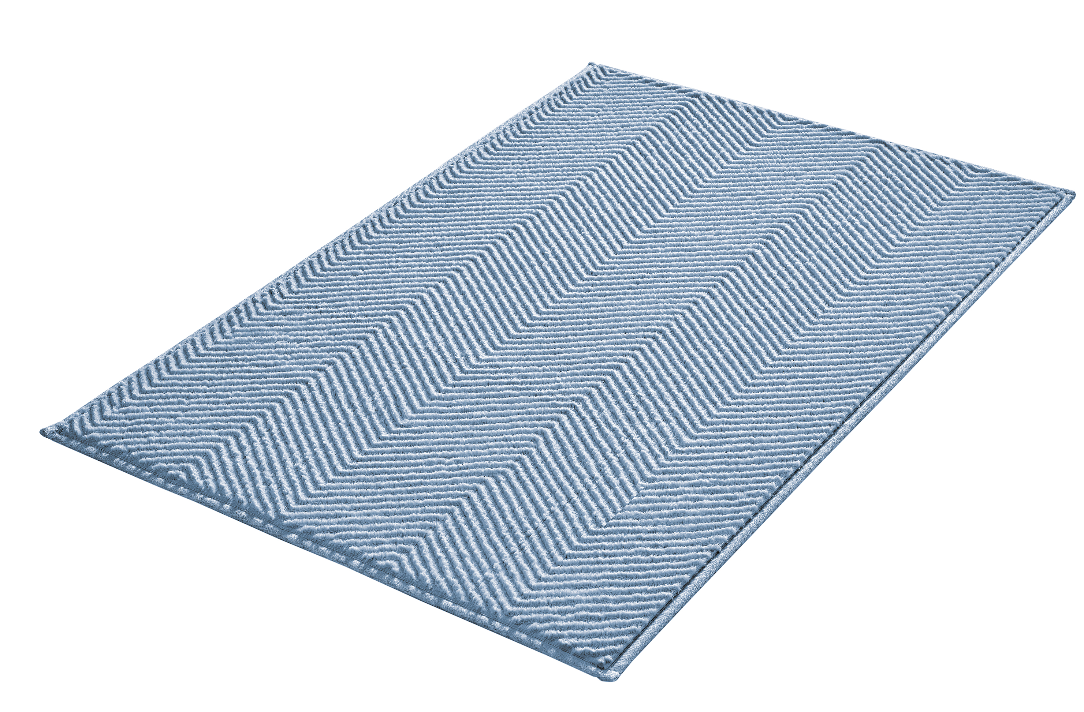 Blauer Badteppich mit Fischgrätenmuster, weiche Textur, rutschfeste Unterseite, ideal für Badezimmer und Wellnessbereiche.