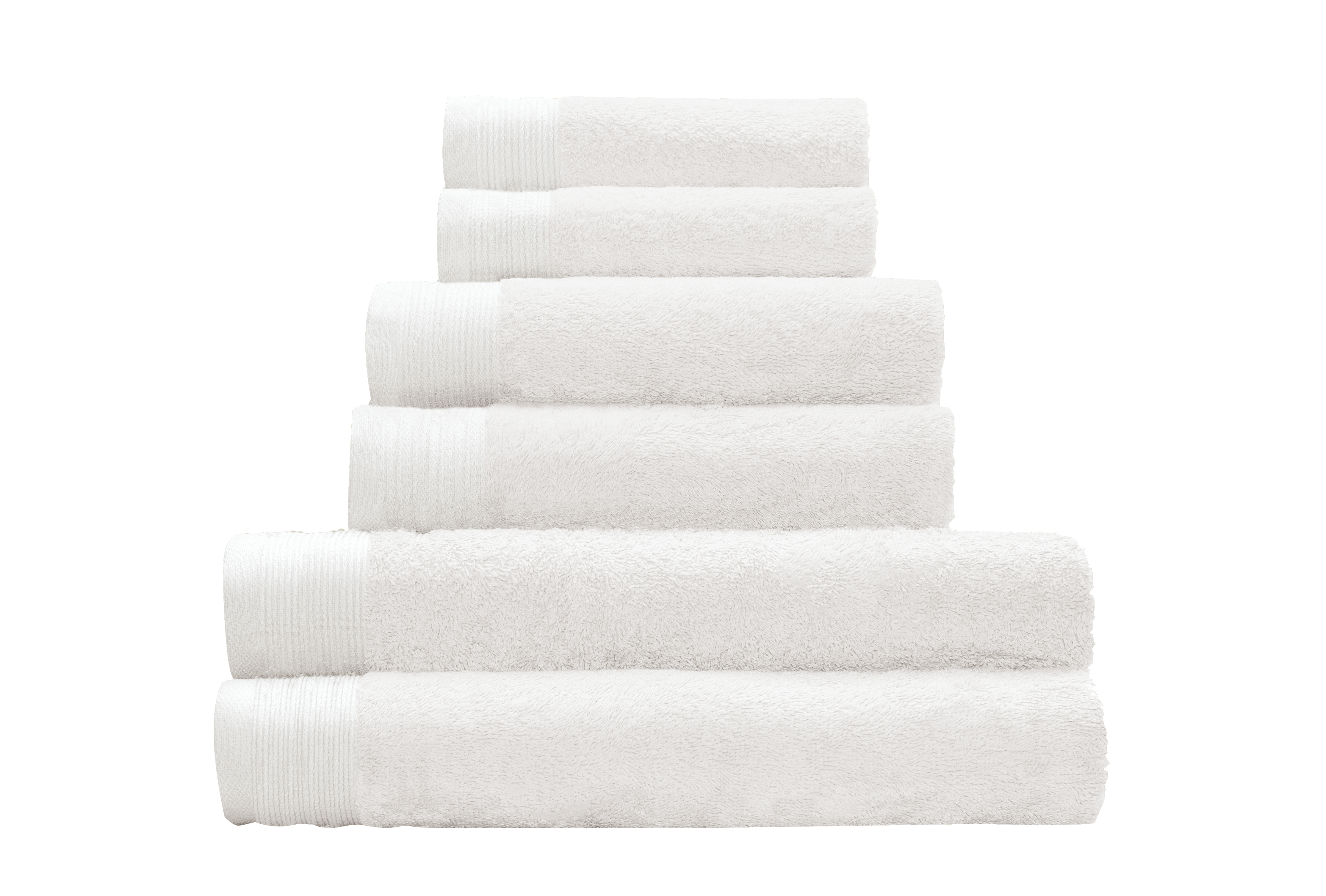 Frottier Handtuch BAO Schneeweiß 50x100 cm Weißes Handtuch-Set aus weicher Baumwolle, bestehend aus verschiedenen Größen, gestapelt und ordentlich arrangiert.