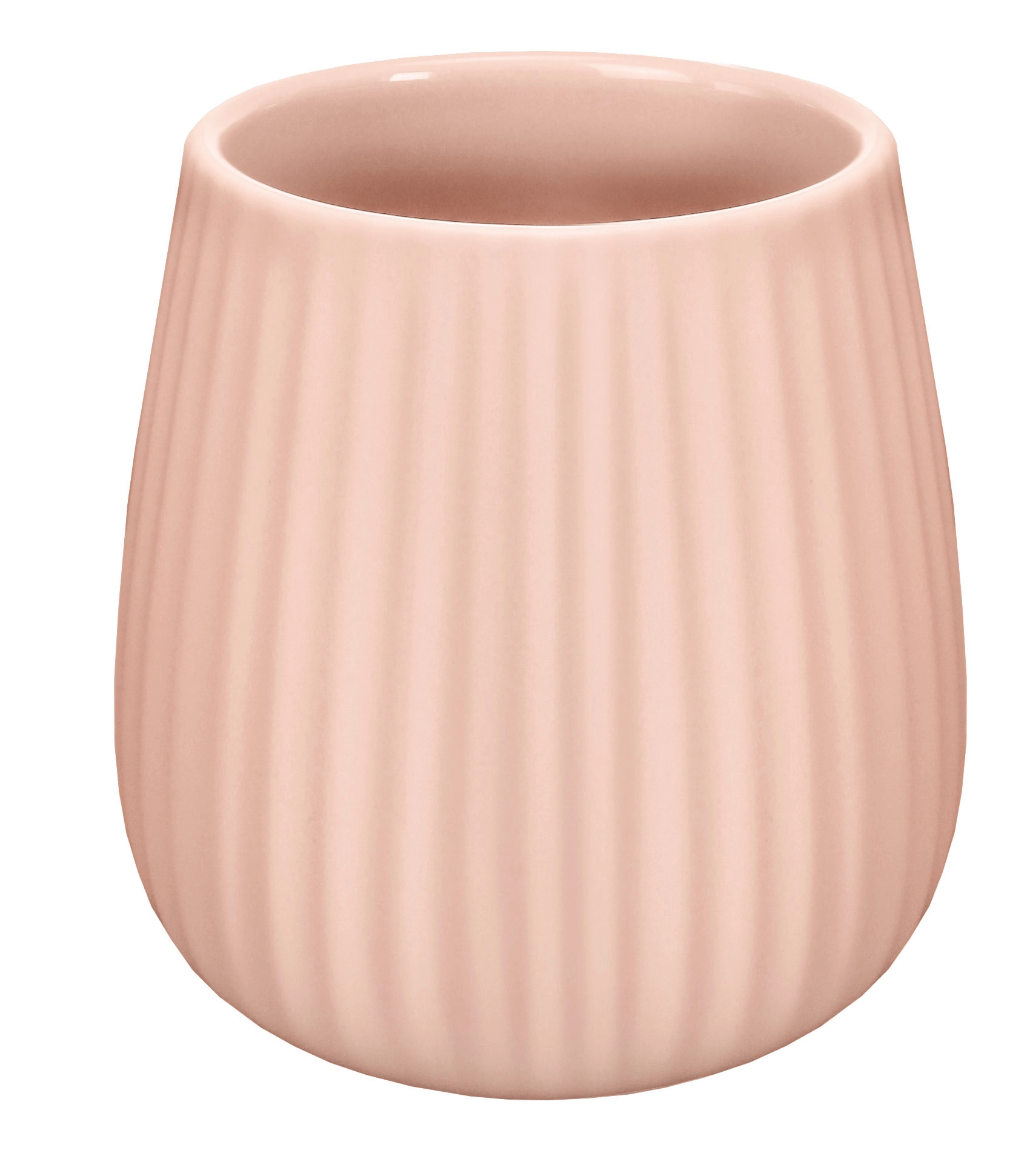 Rosa, gerippter Keramikbecher mit modernem Design, ideal für Badezimmer oder als dekoratives Element.
