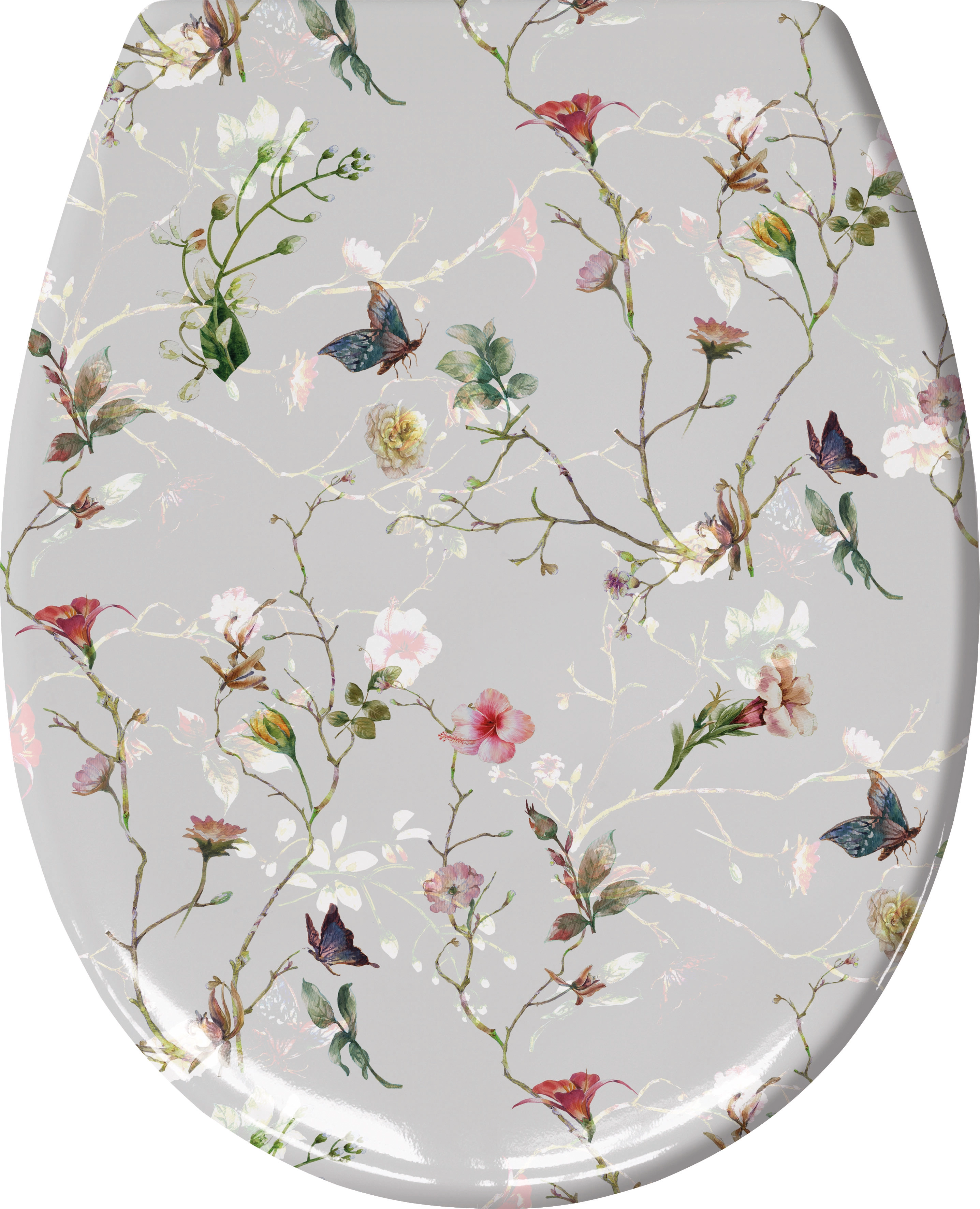 WC-Sitz FLORES Multicolor mit Absenkautomatik und Easy Clean Toilettensitz mit floralem Muster und Schmetterlingen auf grauem Hintergrund.